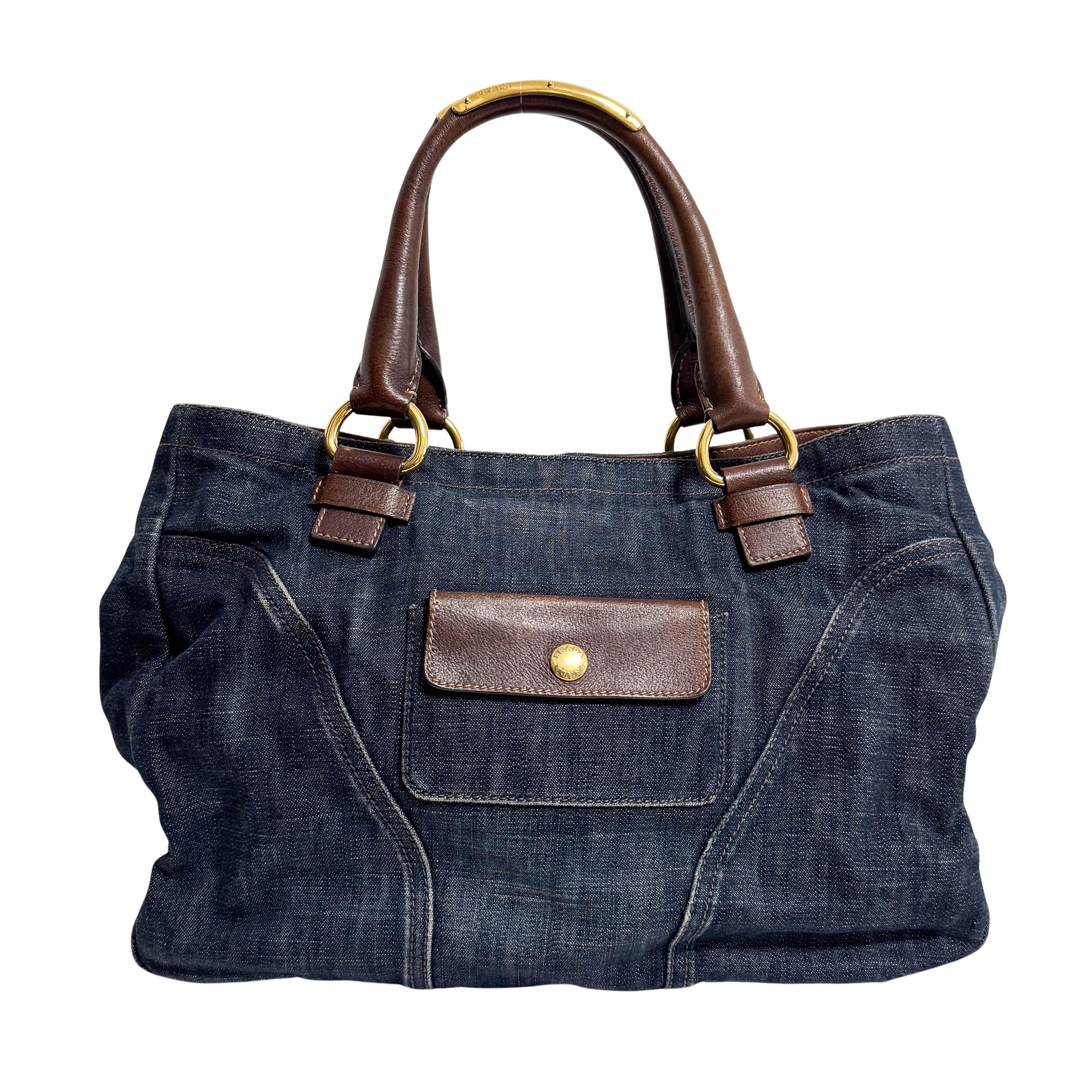 Denim & Brown Leather Tote Bag