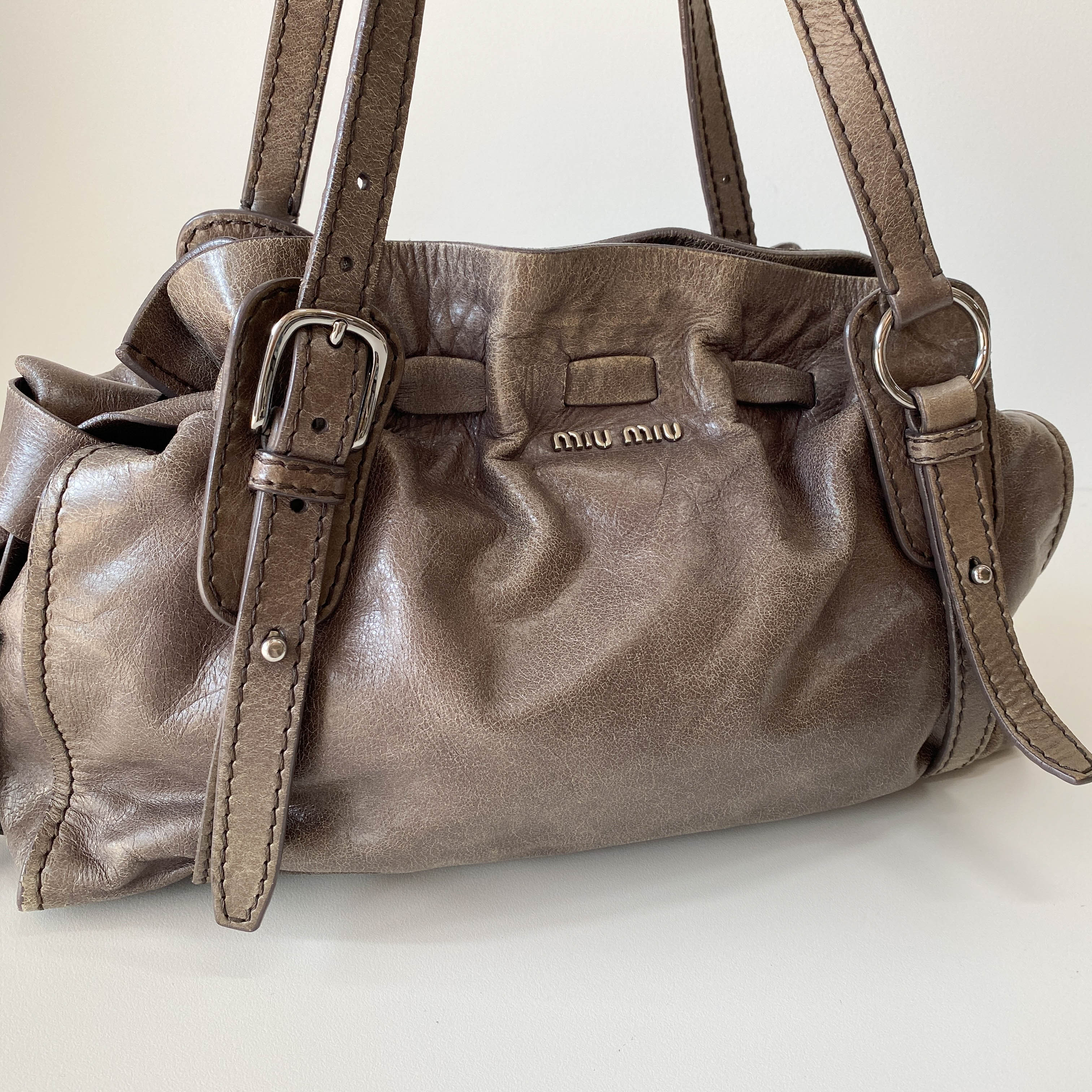 Vitello Lux Grey Calfskin Leather Shoulder Bag