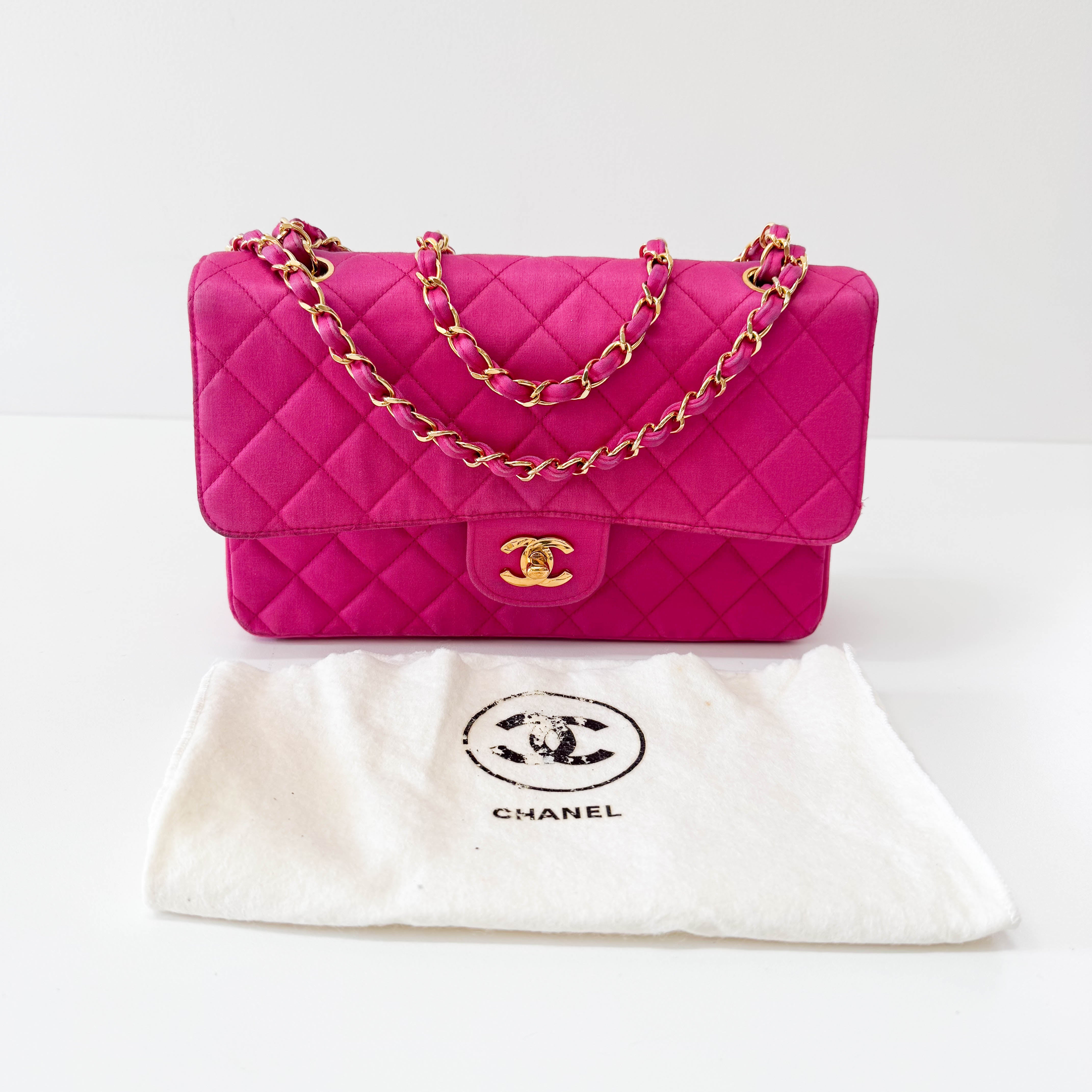 Timeless Classic Double Flap Pink Satin Chain Shoulder Bag