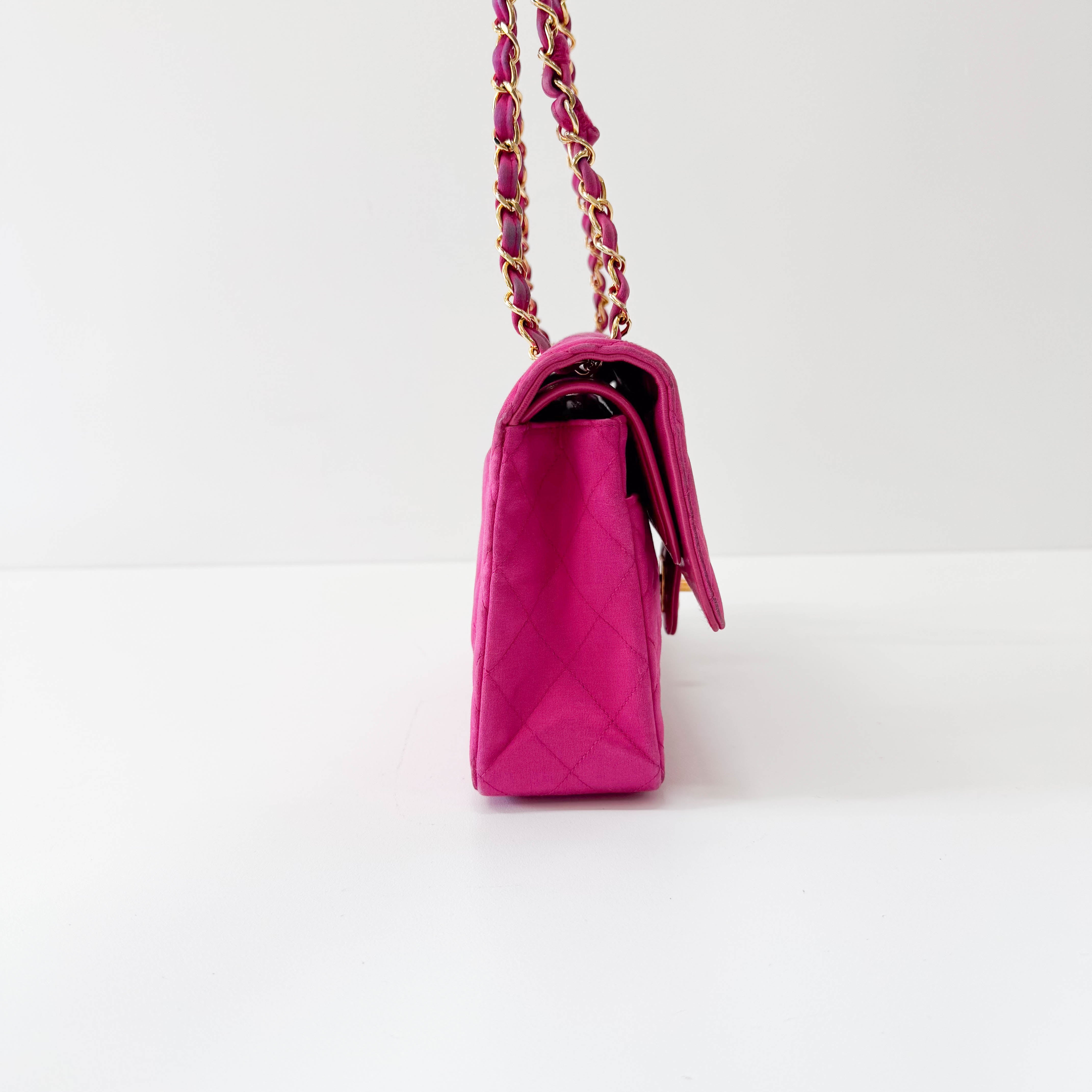 Timeless Classic Double Flap Pink Satin Chain Shoulder Bag