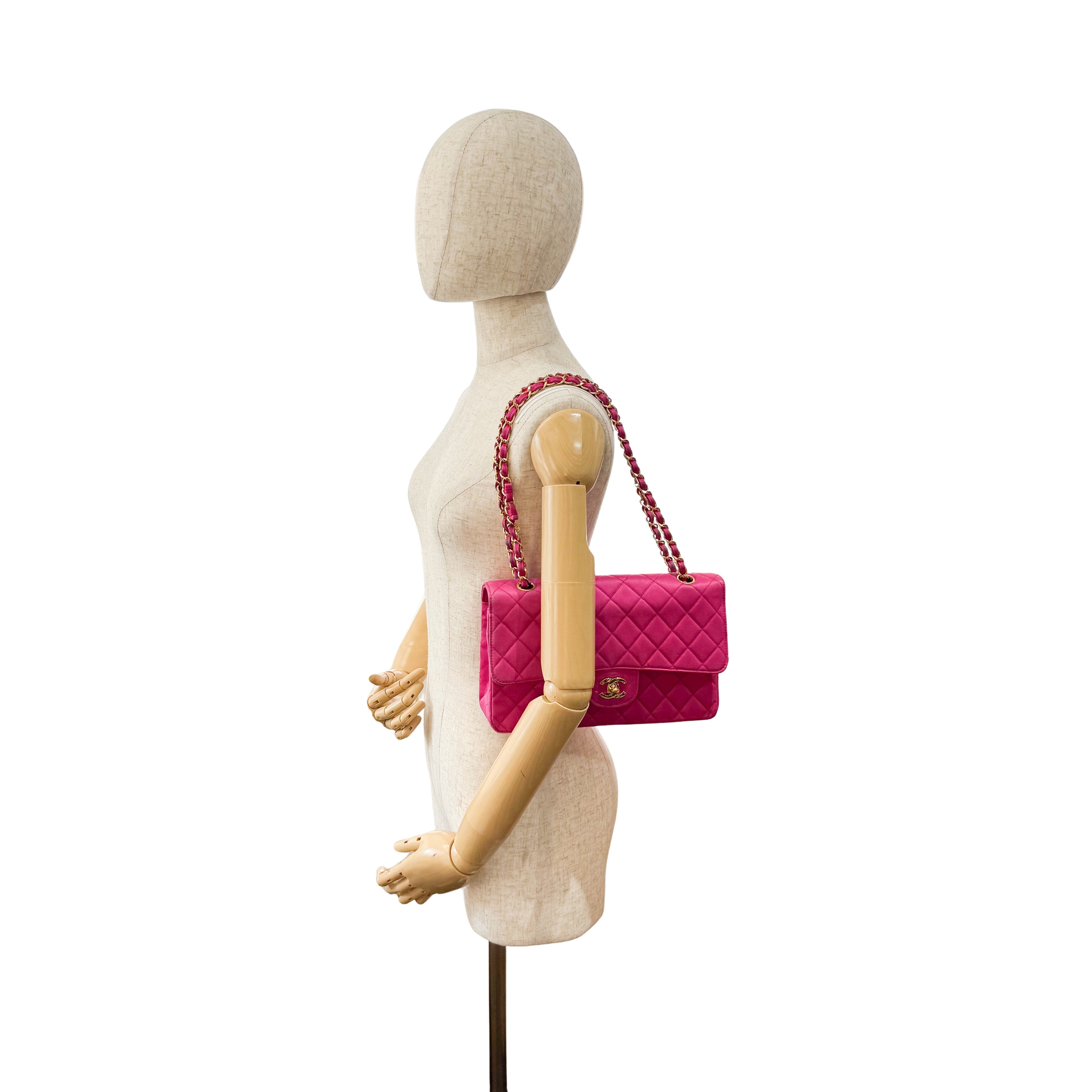 Timeless Classic Double Flap Pink Satin Chain Shoulder Bag