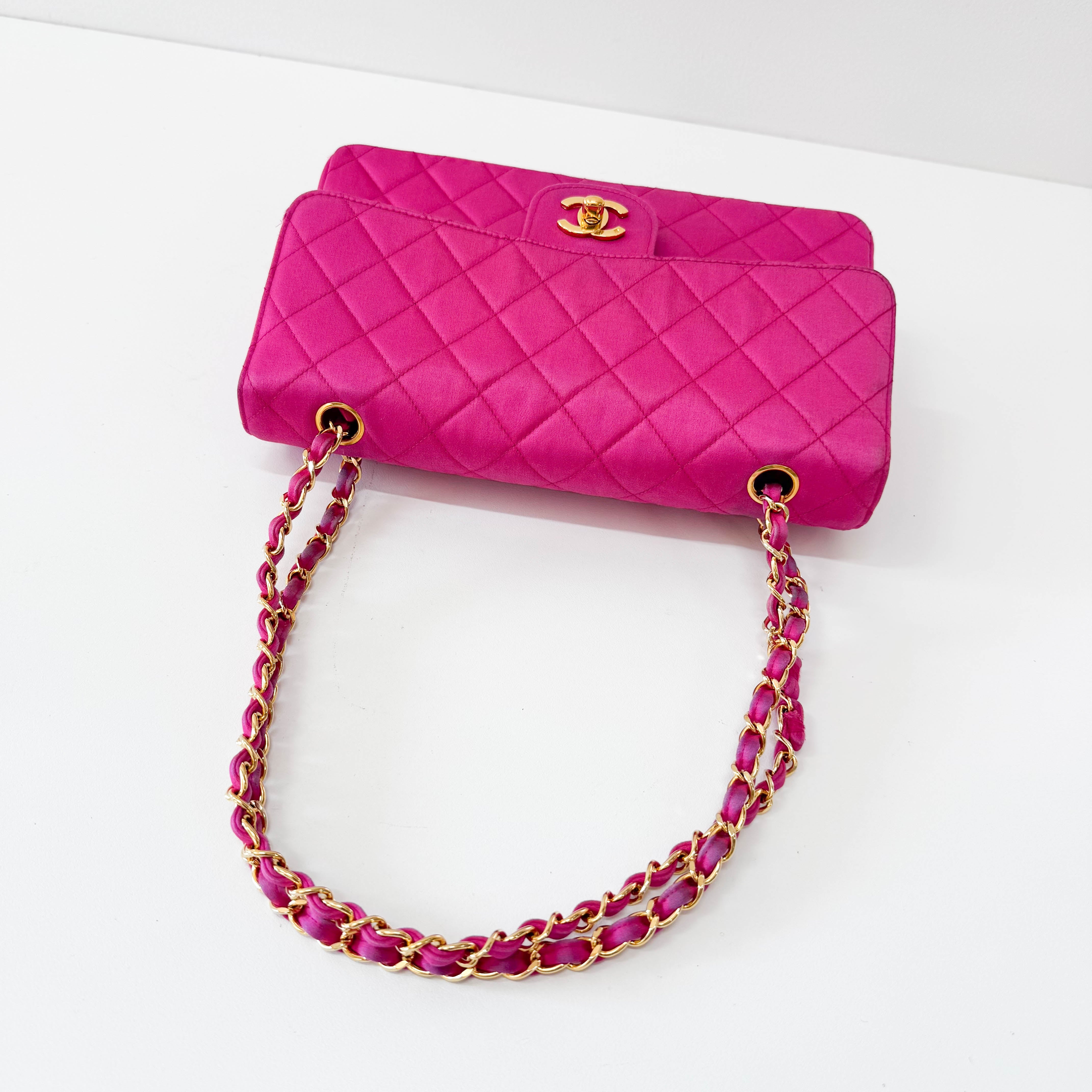 Timeless Classic Double Flap Pink Satin Chain Shoulder Bag