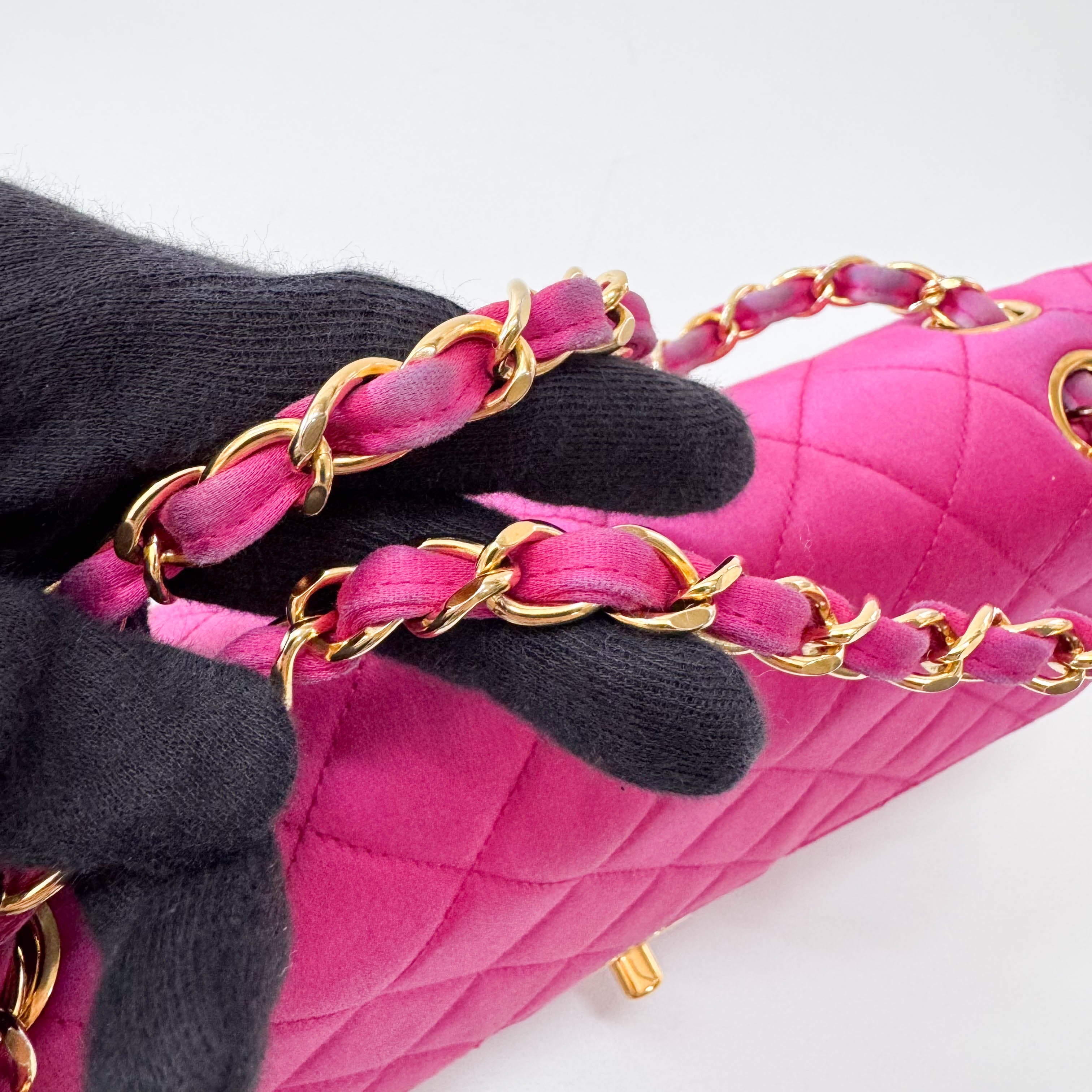 Timeless Classic Double Flap Pink Satin Chain Shoulder Bag