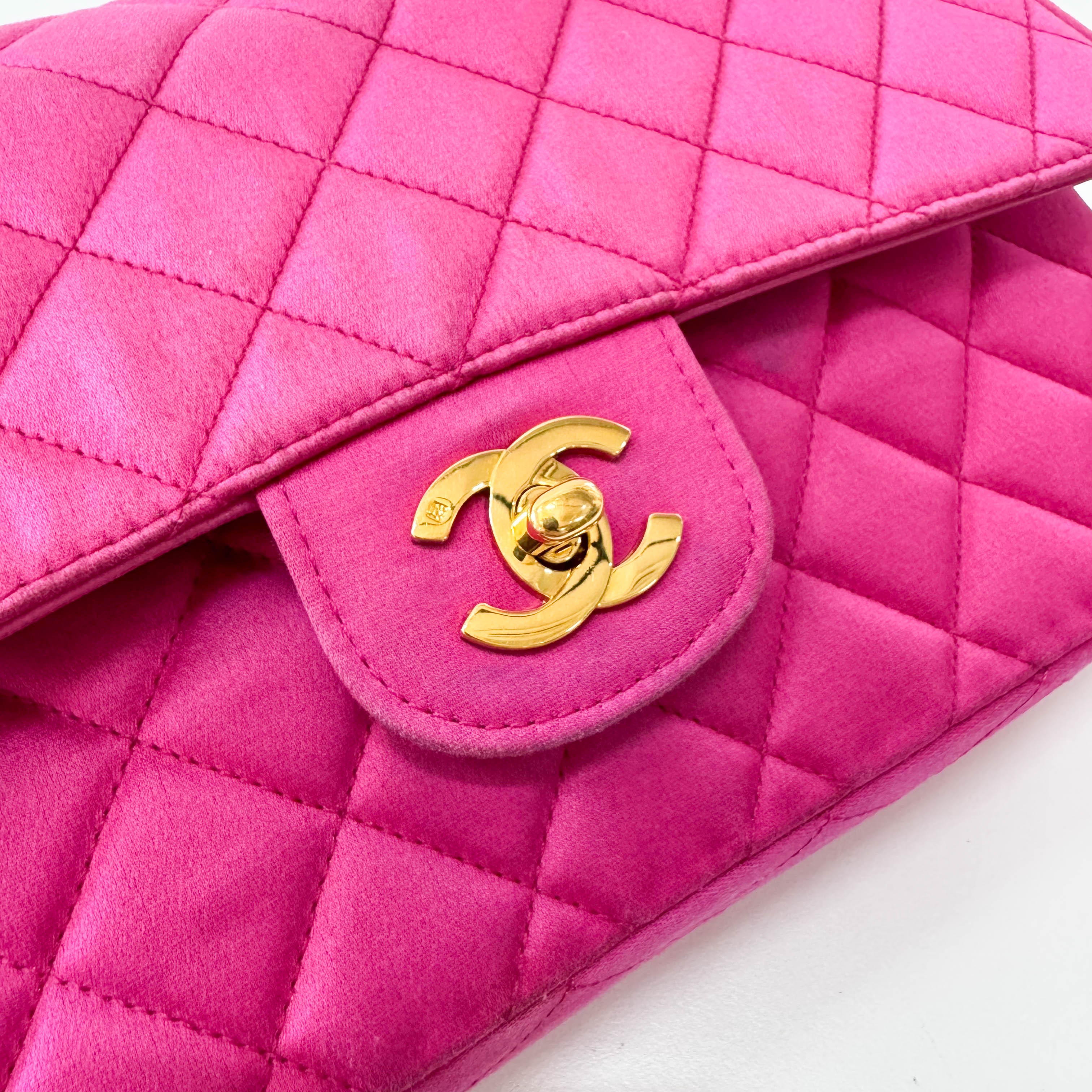 Timeless Classic Double Flap Pink Satin Chain Shoulder Bag