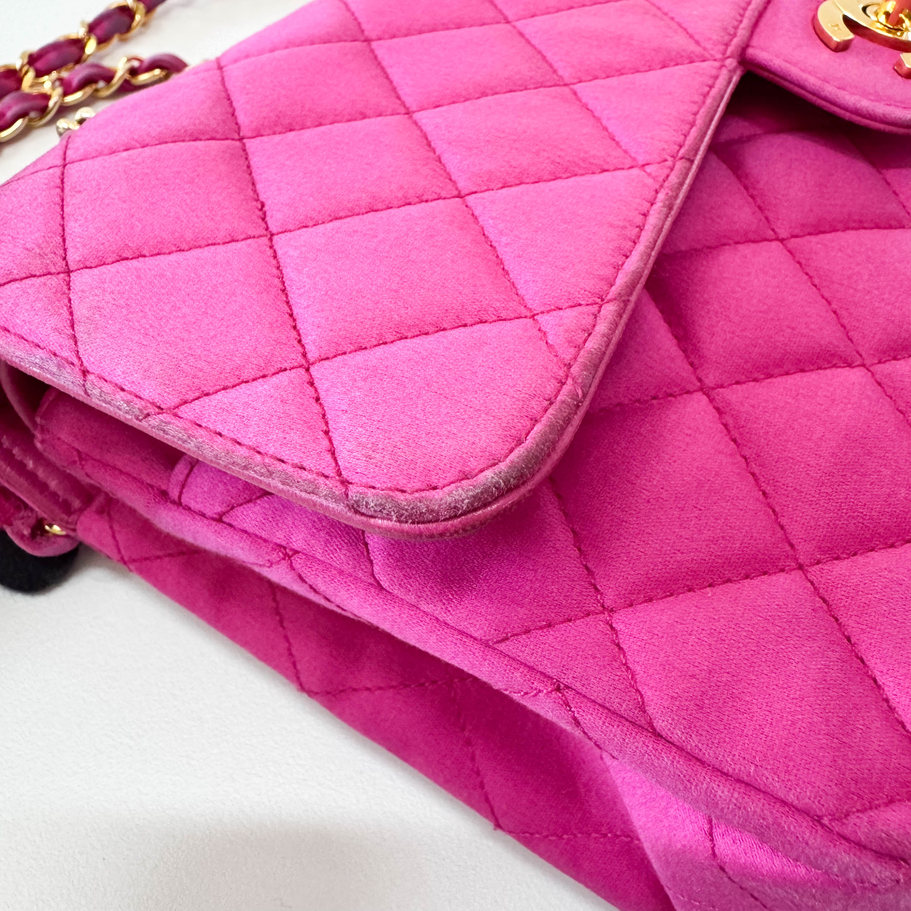 Timeless Classic Double Flap Pink Satin Chain Shoulder Bag