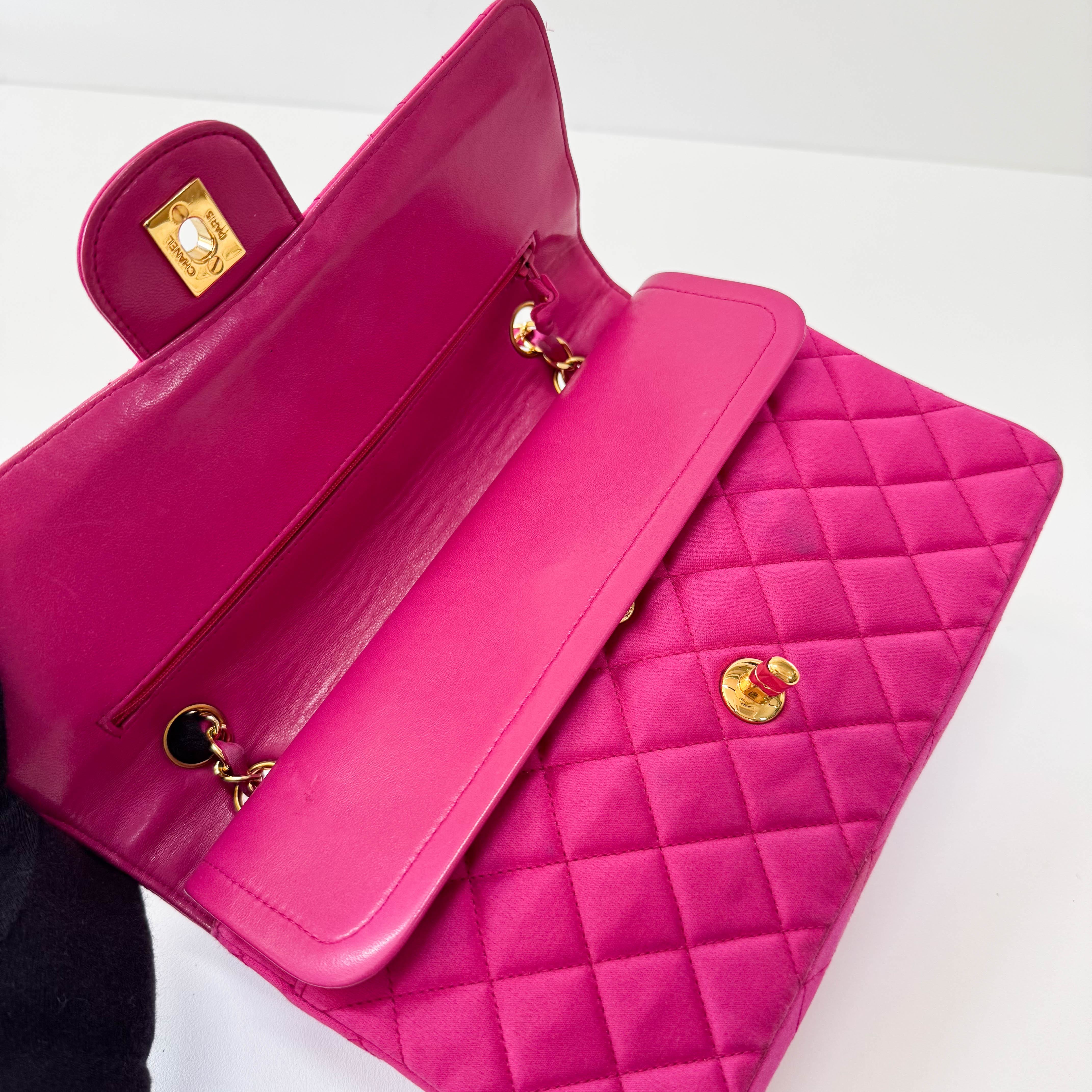 Timeless Classic Double Flap Pink Satin Chain Shoulder Bag