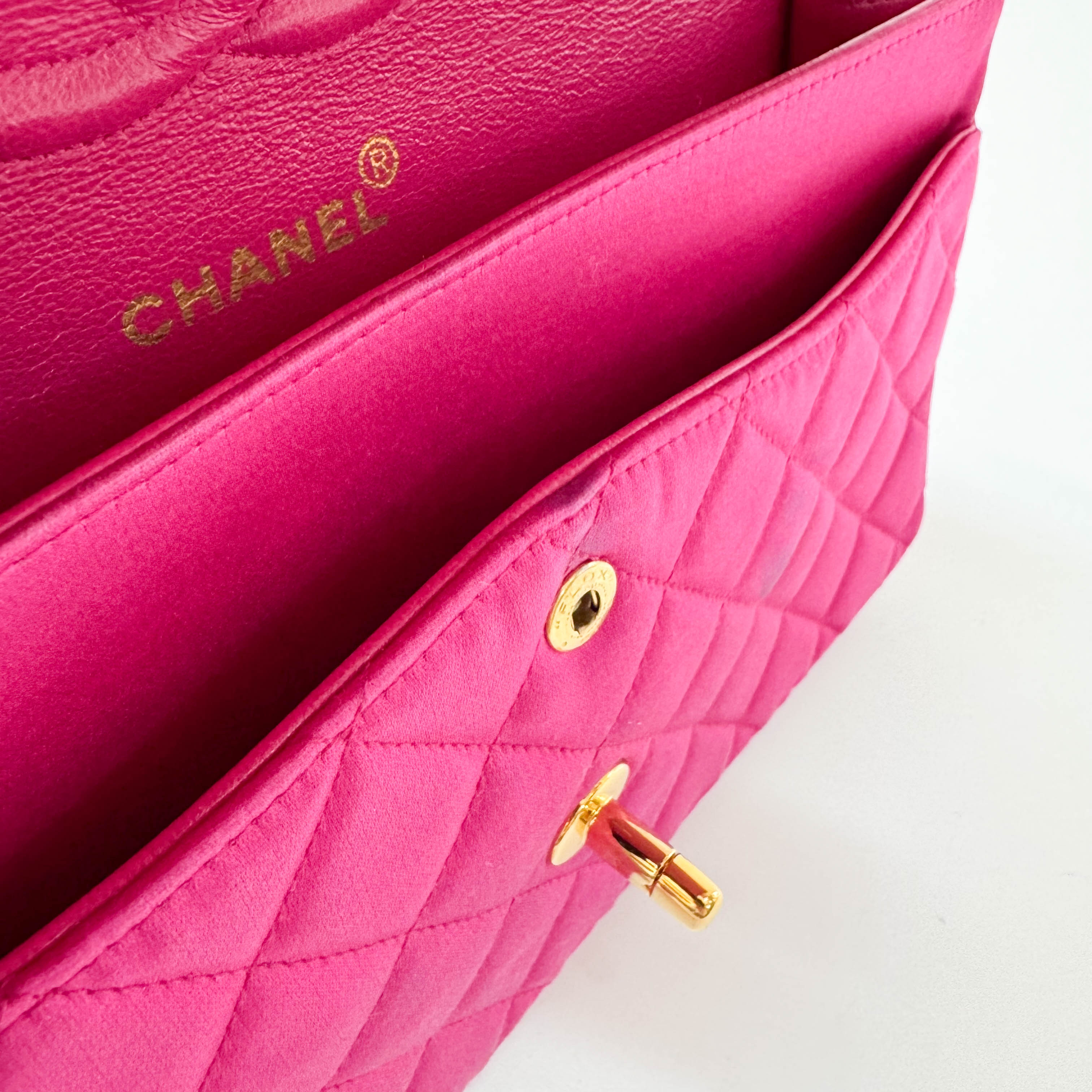 Timeless Classic Double Flap Pink Satin Chain Shoulder Bag