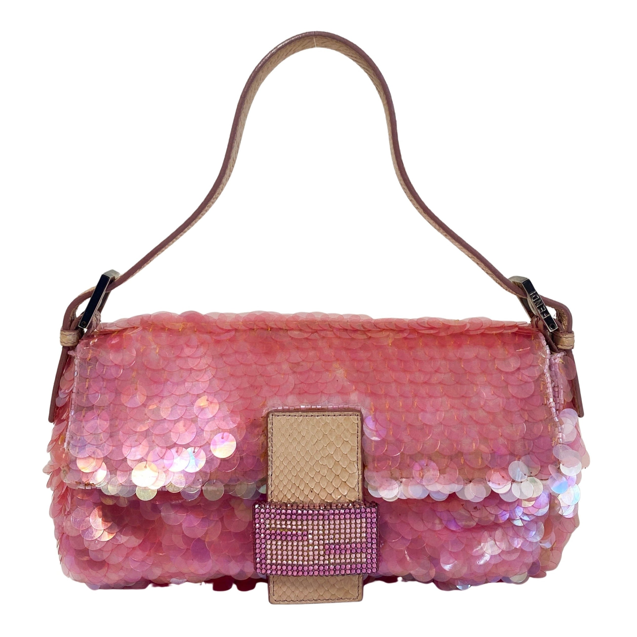 Rare Baguette Pink Sequin Rhinestone Hardware Shoulder Bag