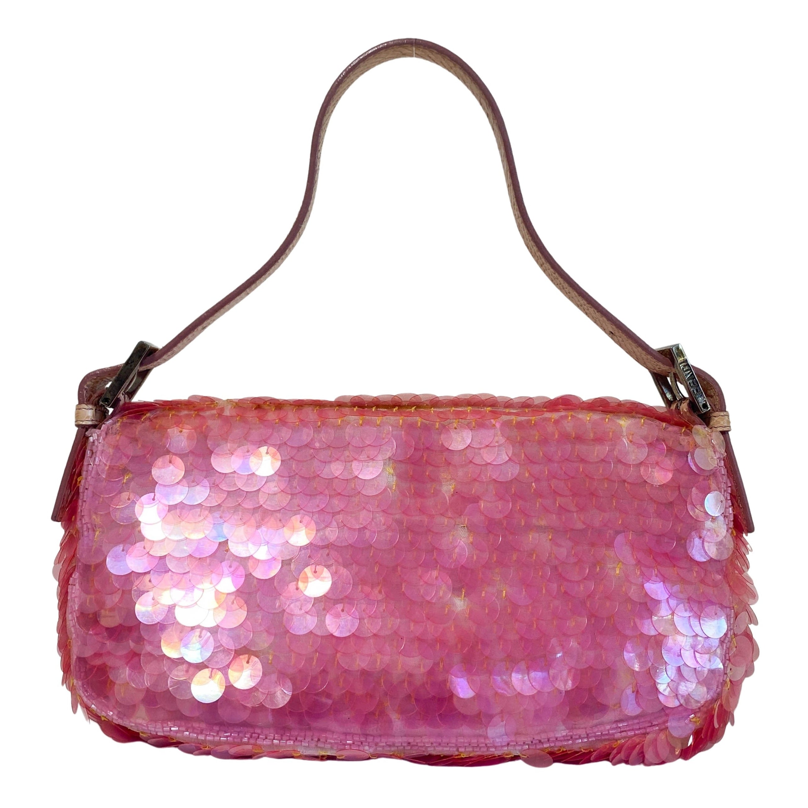 Rare Baguette Pink Sequin Rhinestone Hardware Shoulder Bag