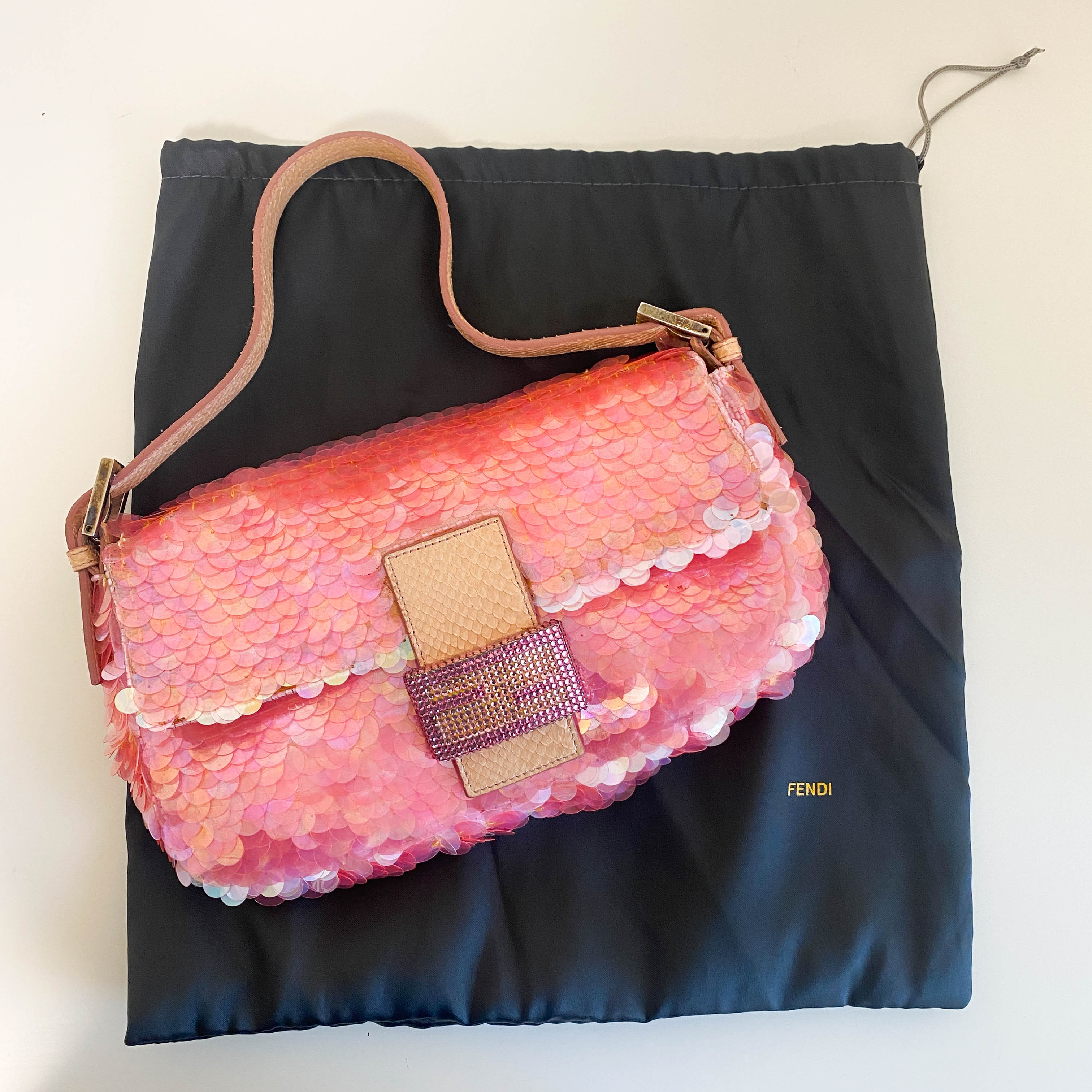 Rare Baguette Pink Sequin Rhinestone Hardware Shoulder Bag