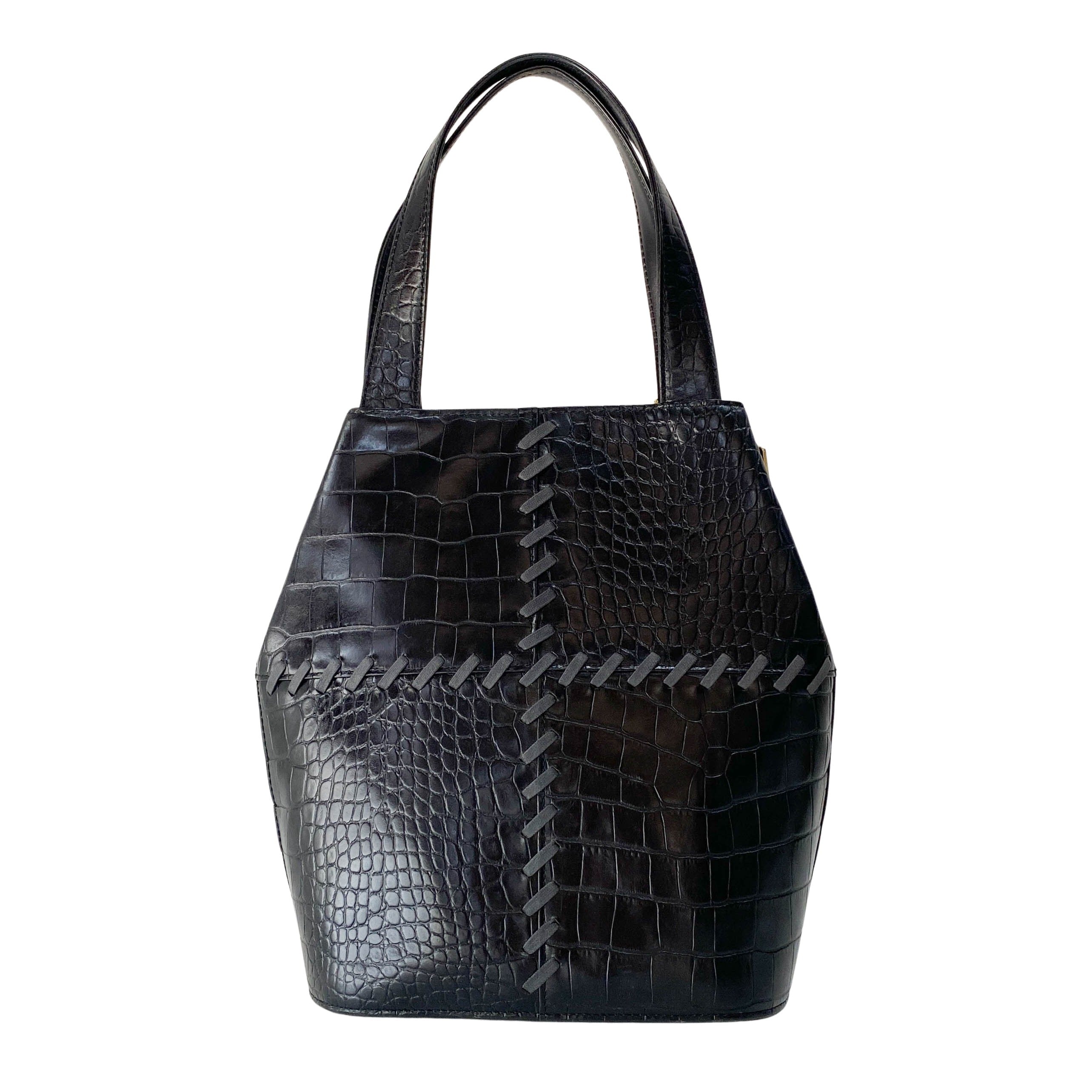 Black Croc Embossed Leather Shoulder Bag