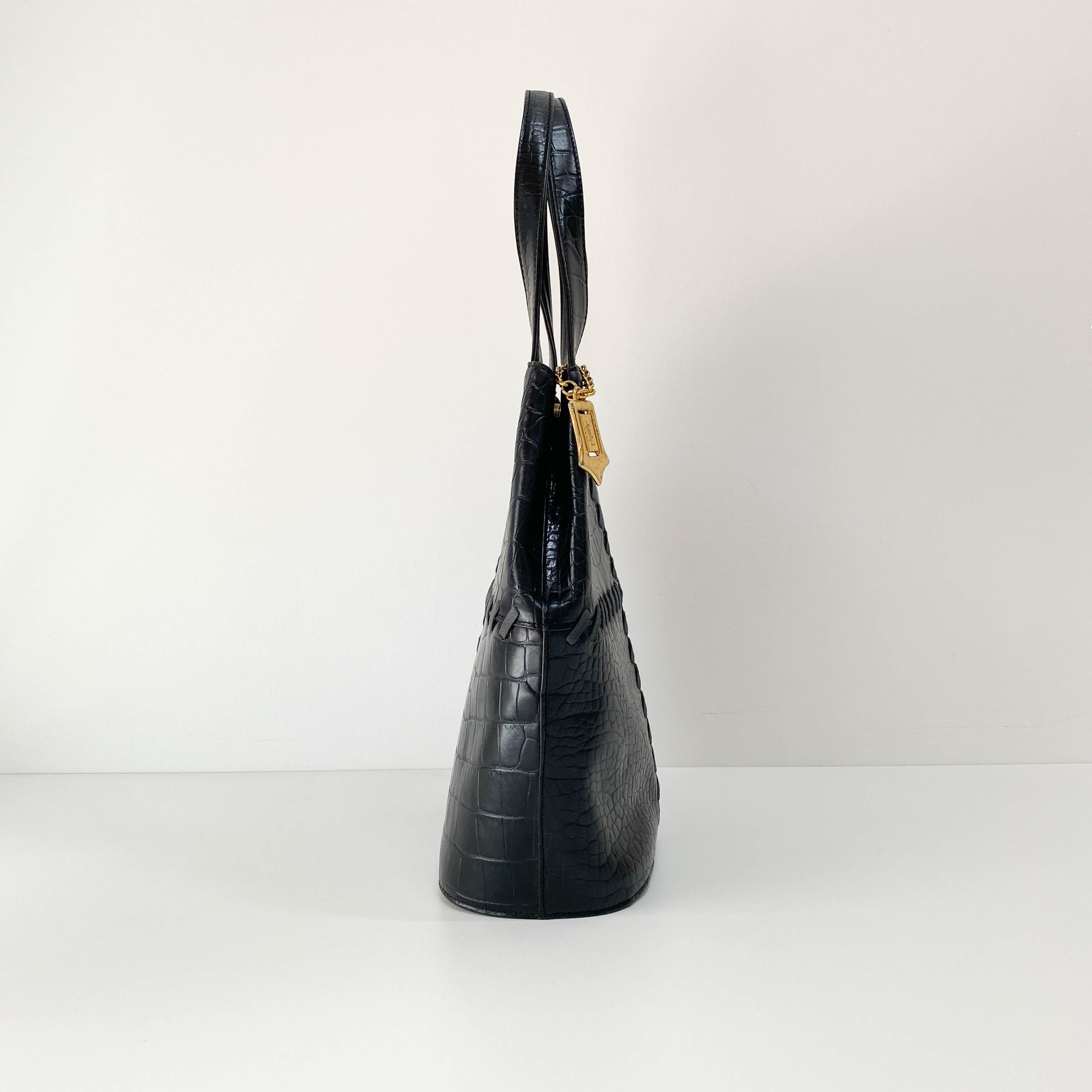 Black Croc Embossed Leather Shoulder Bag