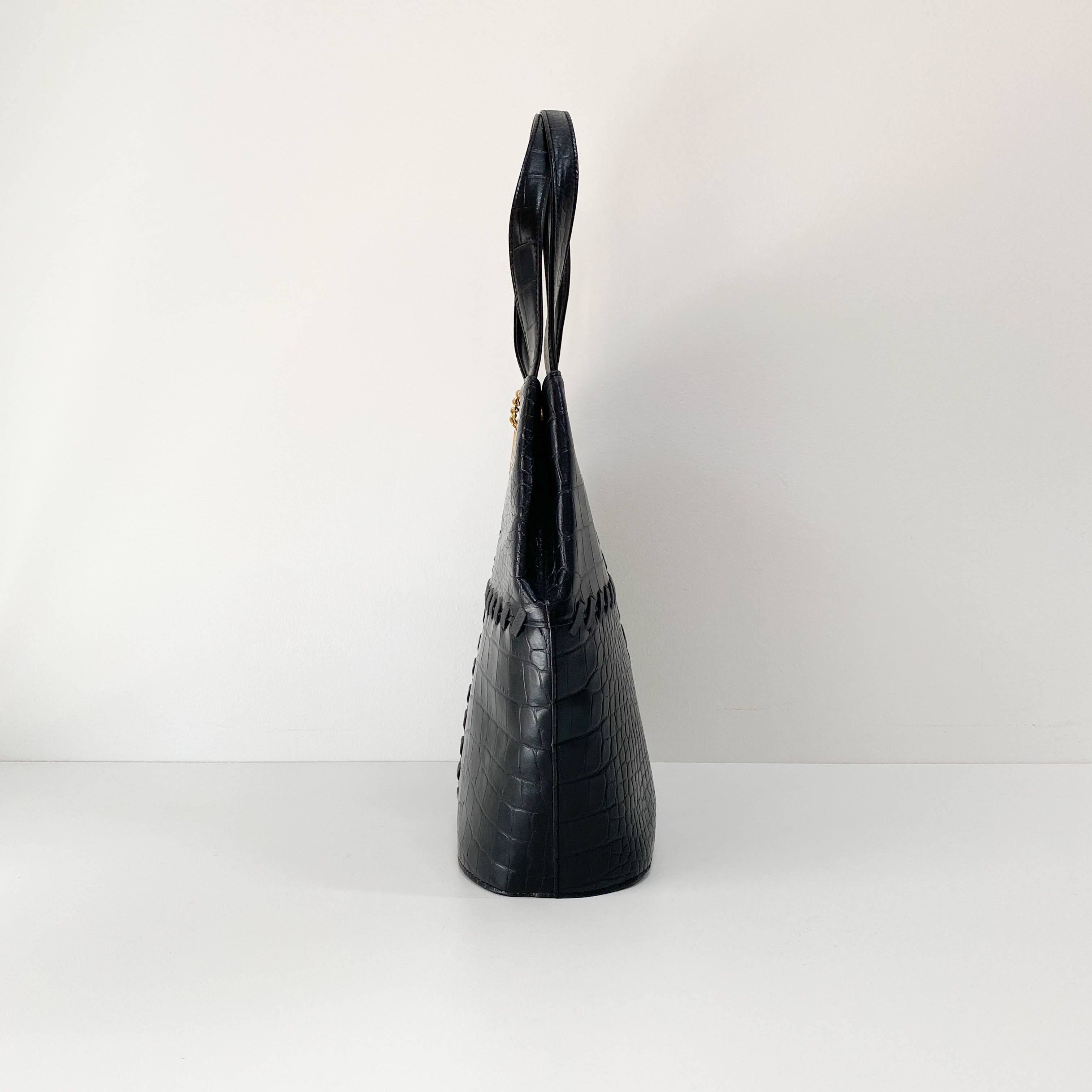 Black Croc Embossed Leather Shoulder Bag