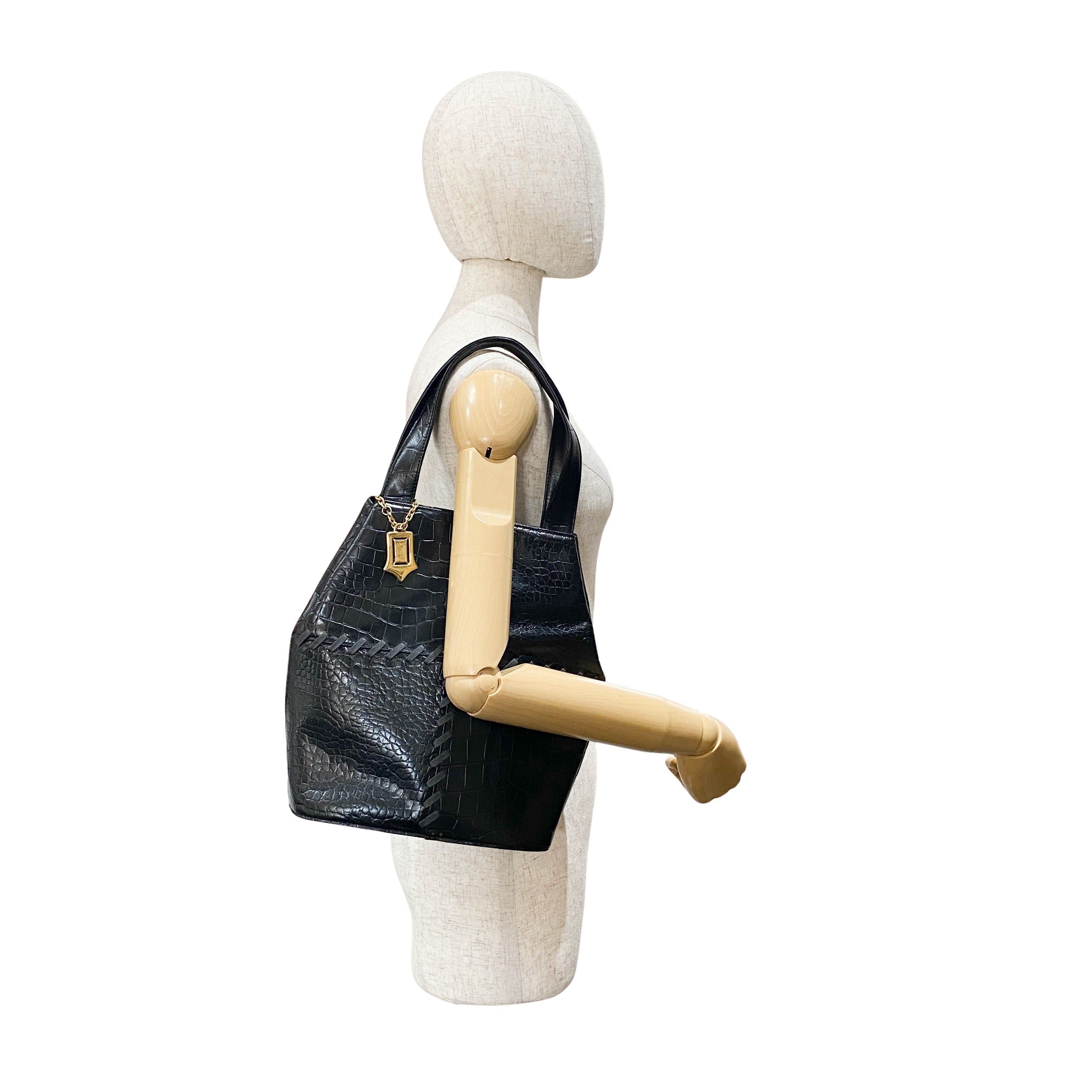 Black Croc Embossed Leather Shoulder Bag