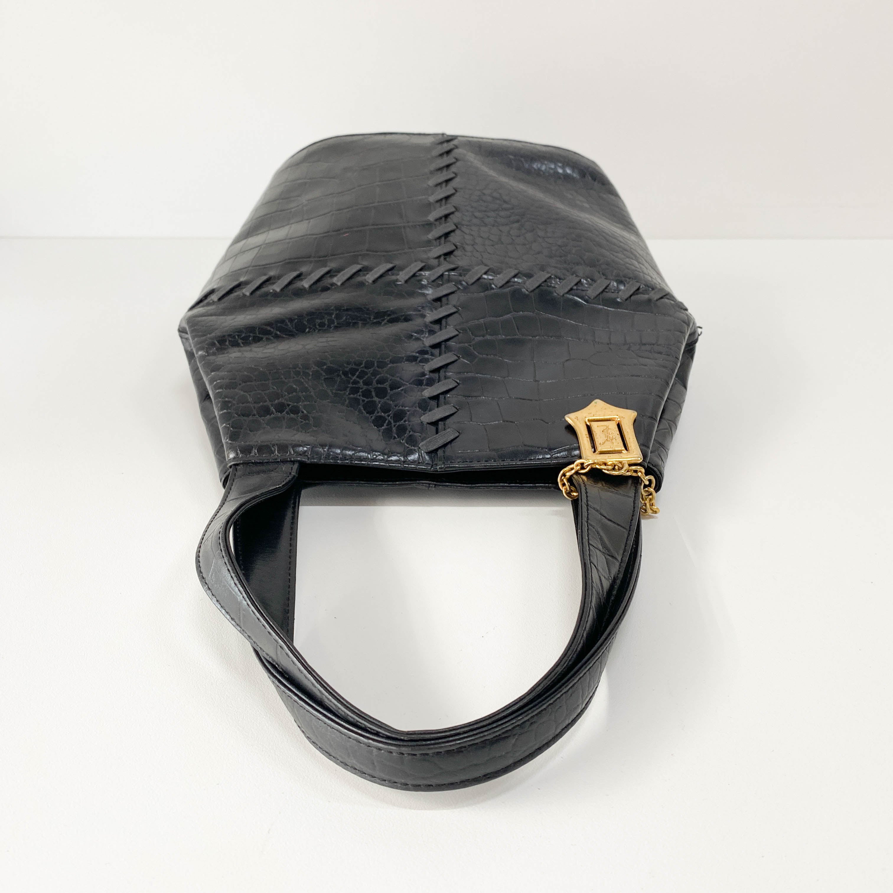 Black Croc Embossed Leather Shoulder Bag