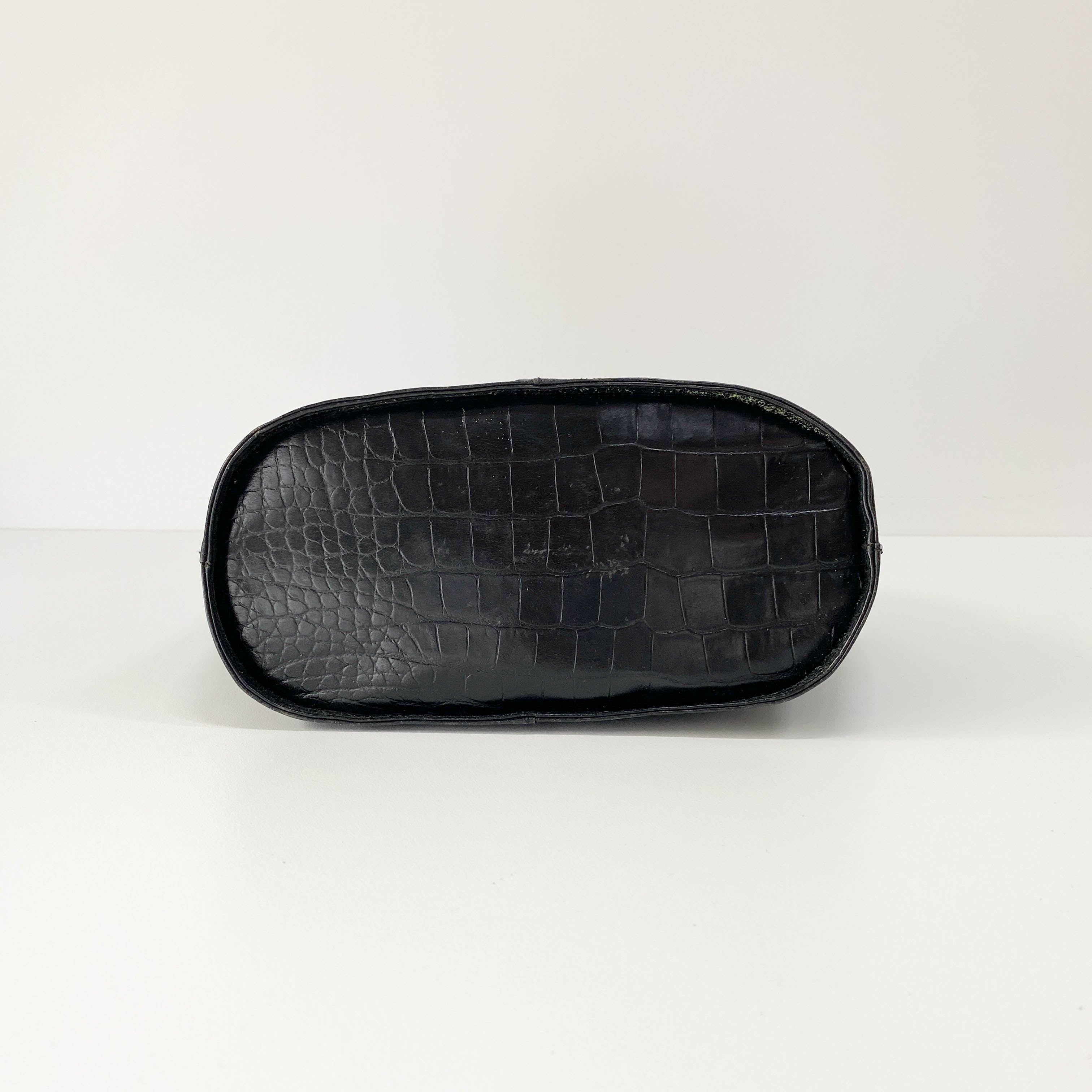 Black Croc Embossed Leather Shoulder Bag