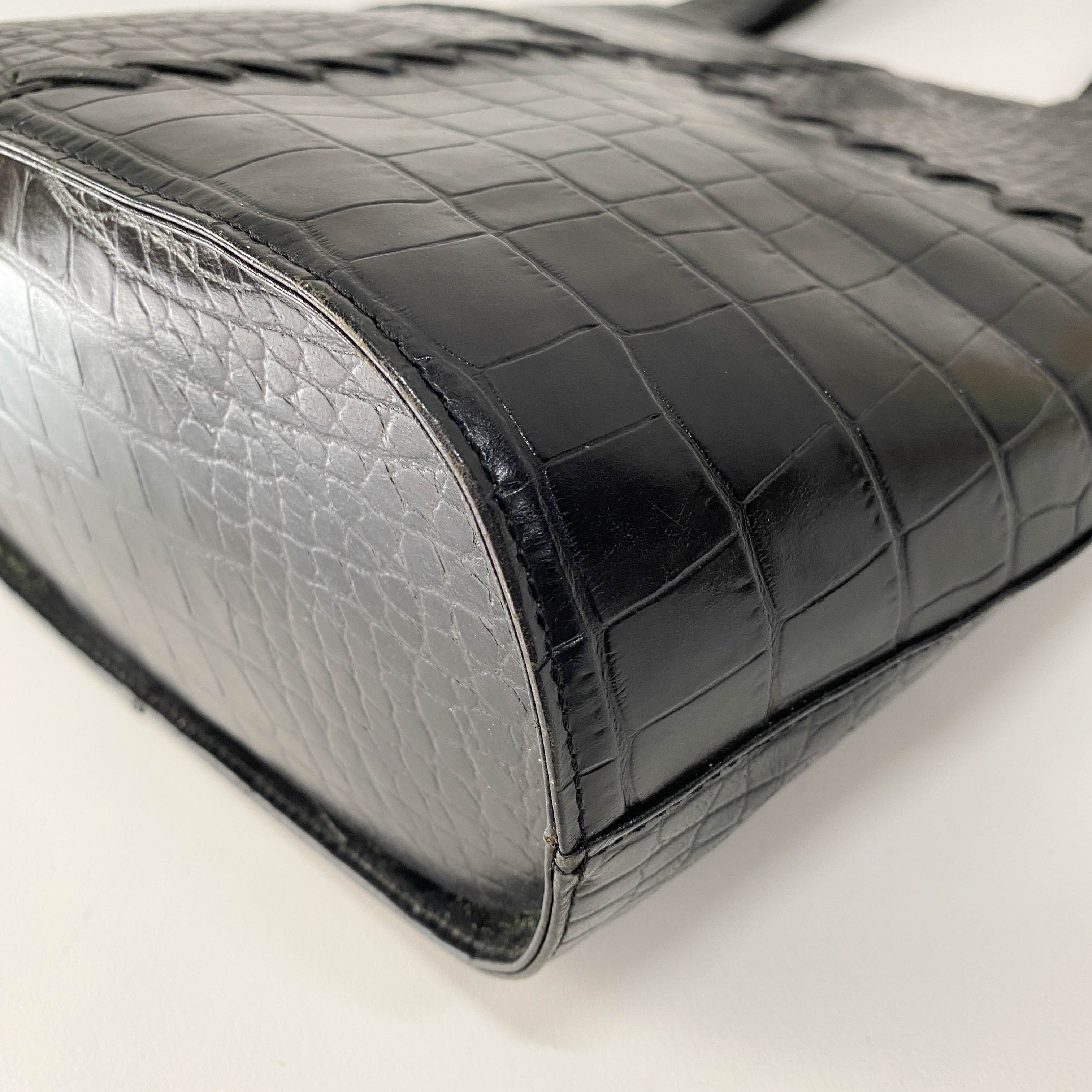 Black Croc Embossed Leather Shoulder Bag