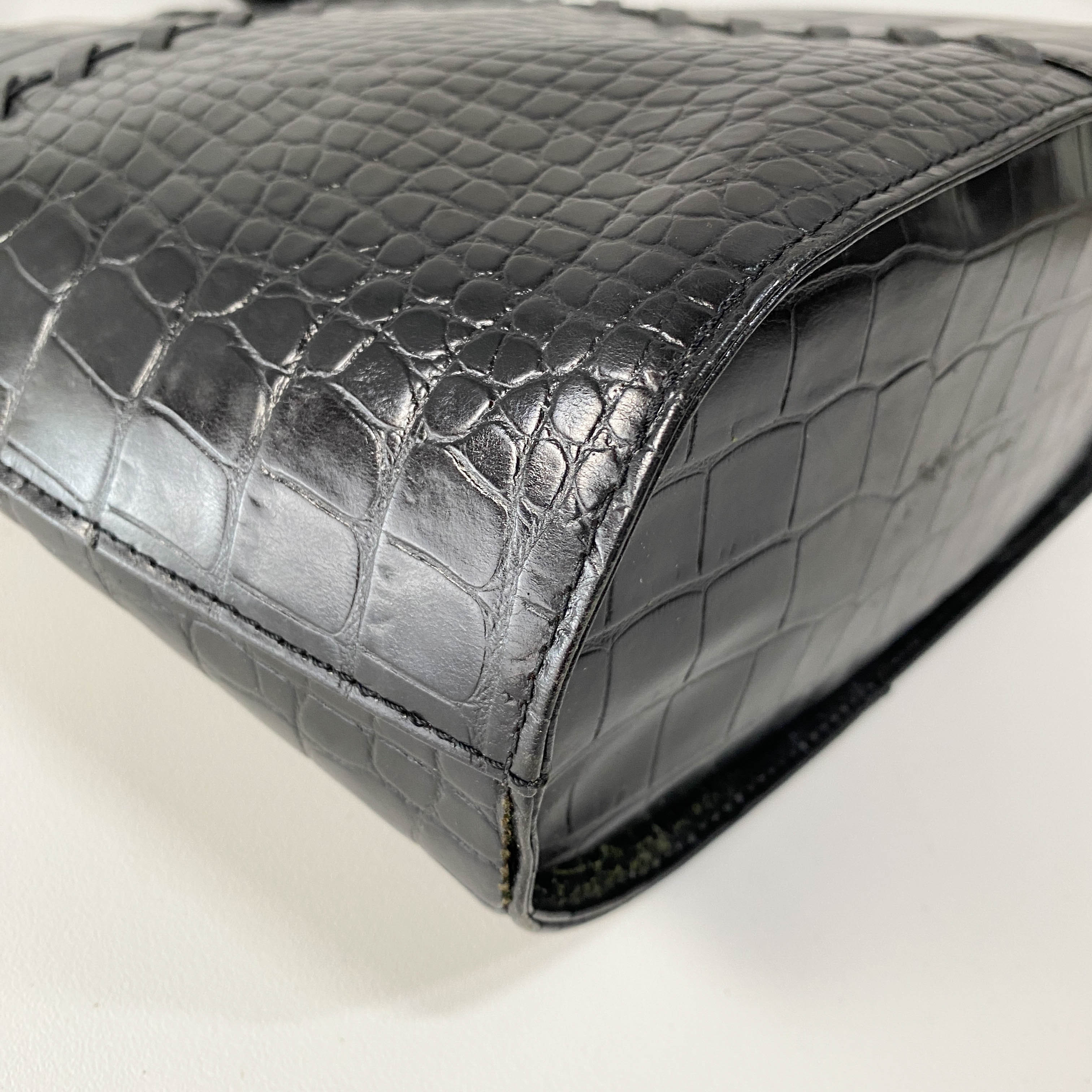 Black Croc Embossed Leather Shoulder Bag