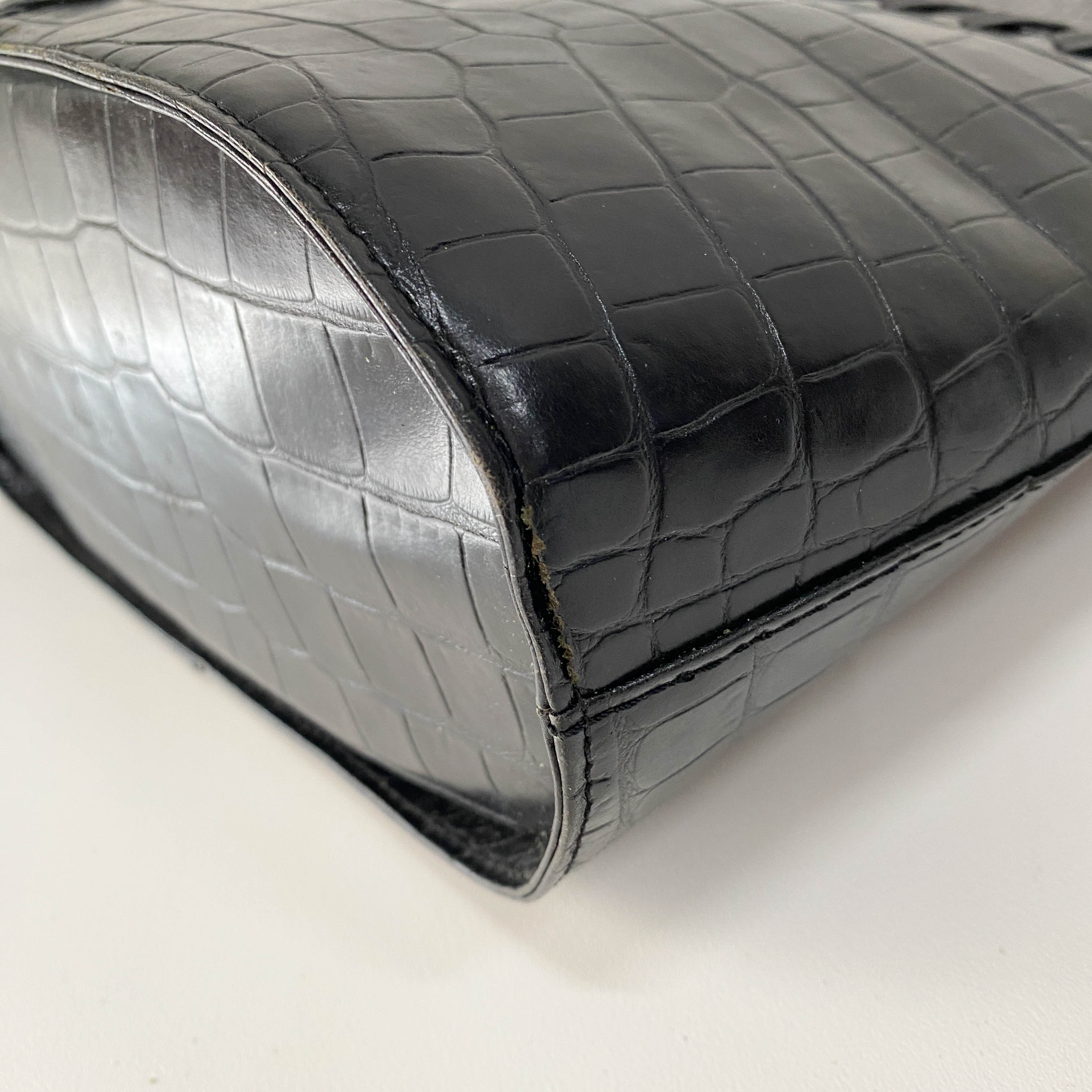 Black Croc Embossed Leather Shoulder Bag