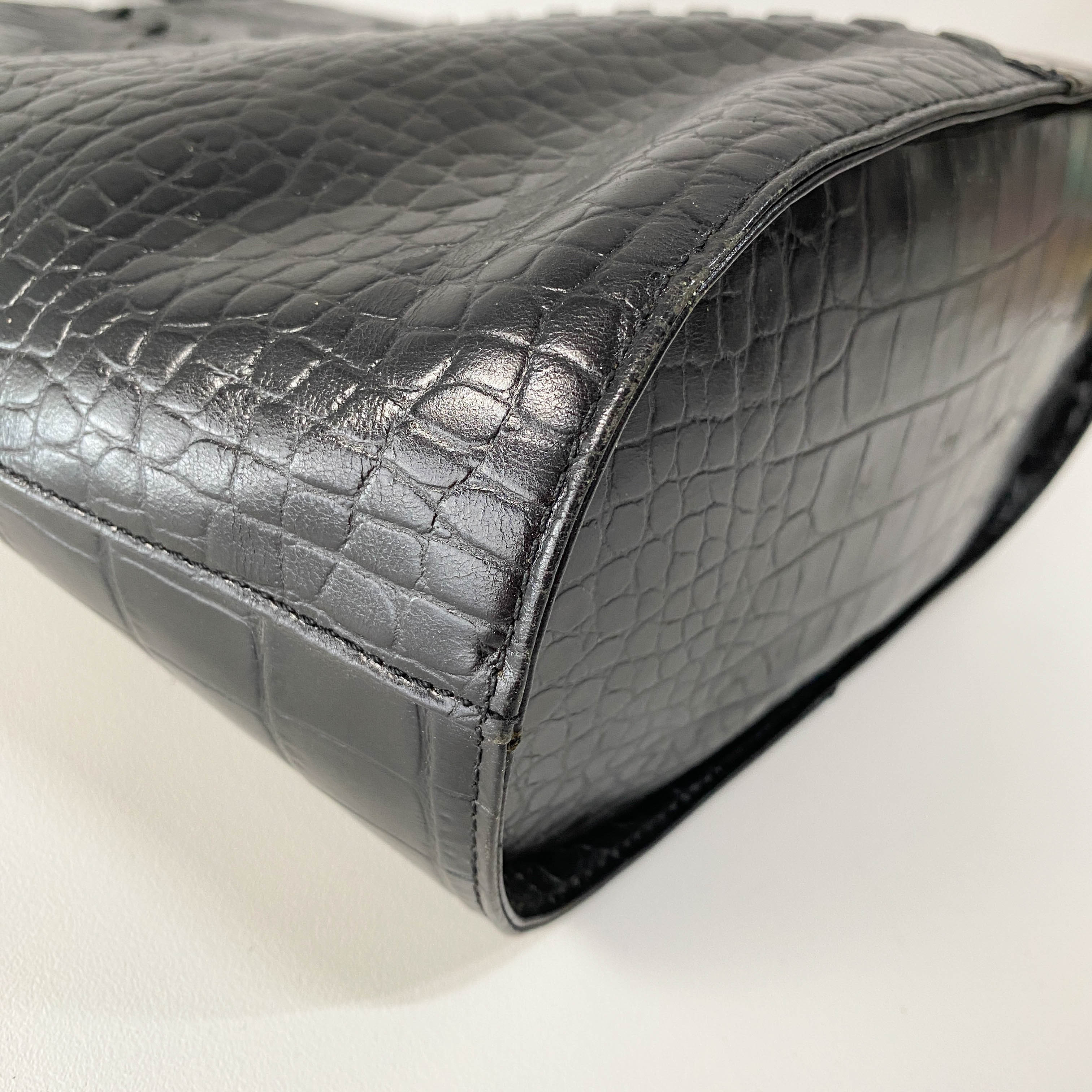 Black Croc Embossed Leather Shoulder Bag