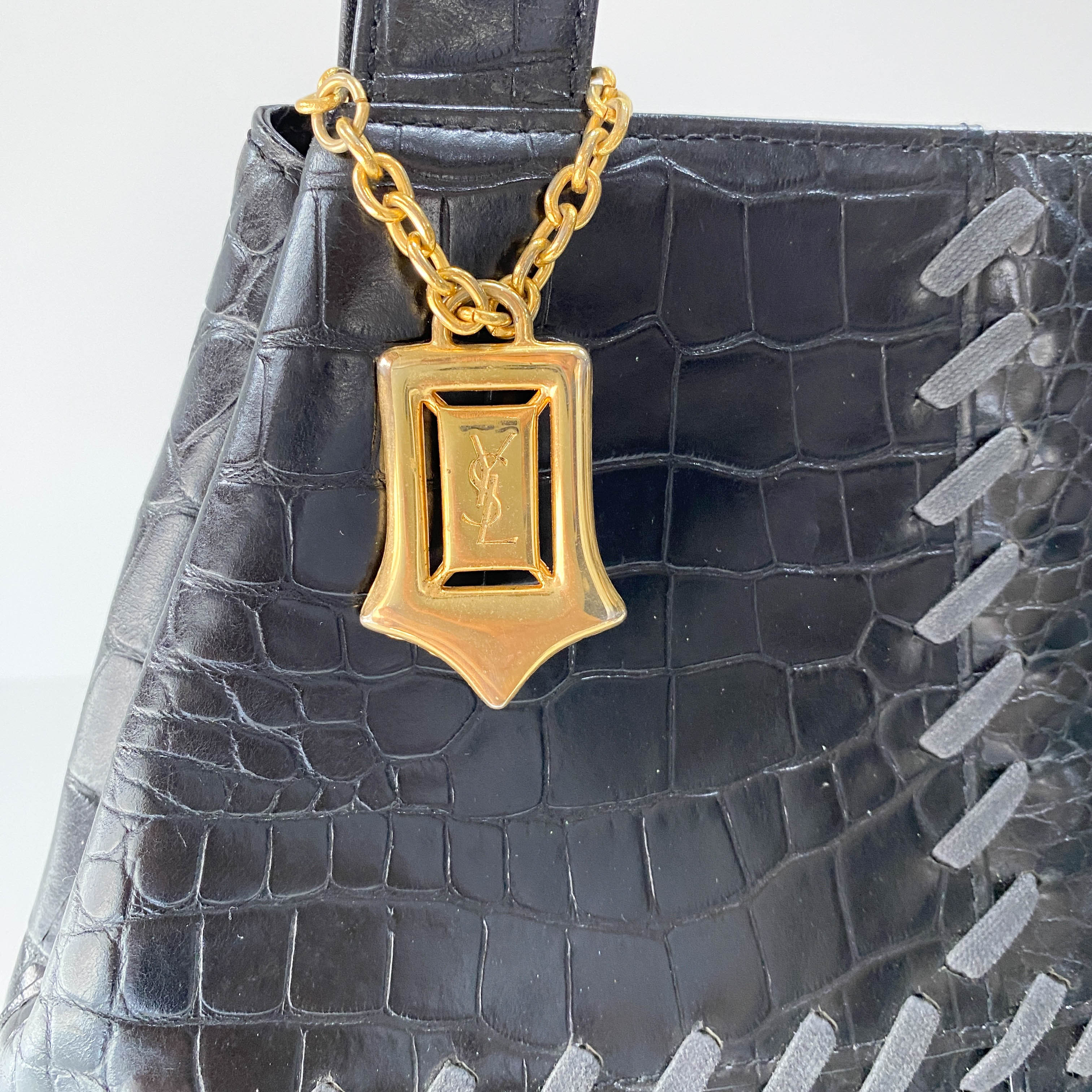 Black Croc Embossed Leather Shoulder Bag