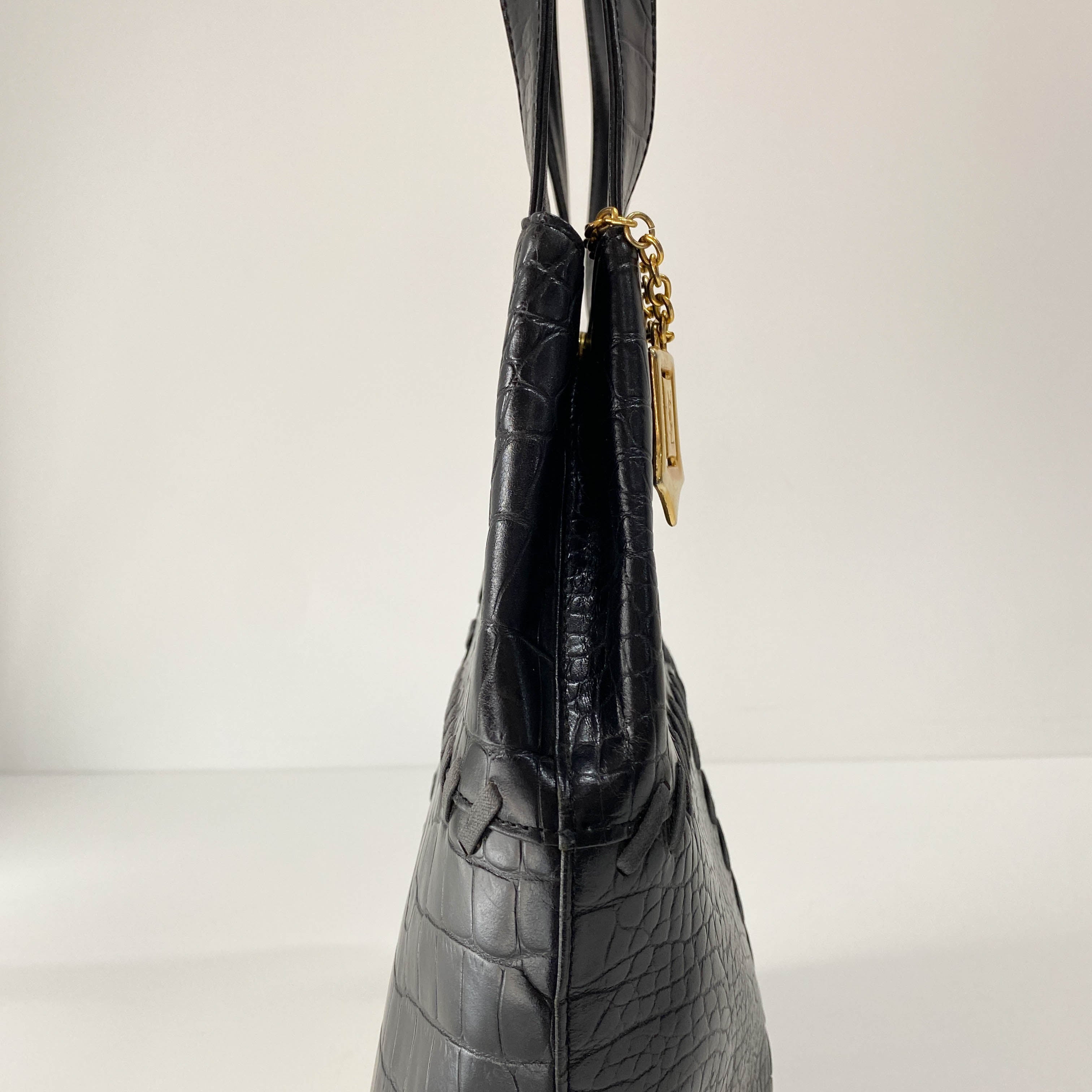 Black Croc Embossed Leather Shoulder Bag