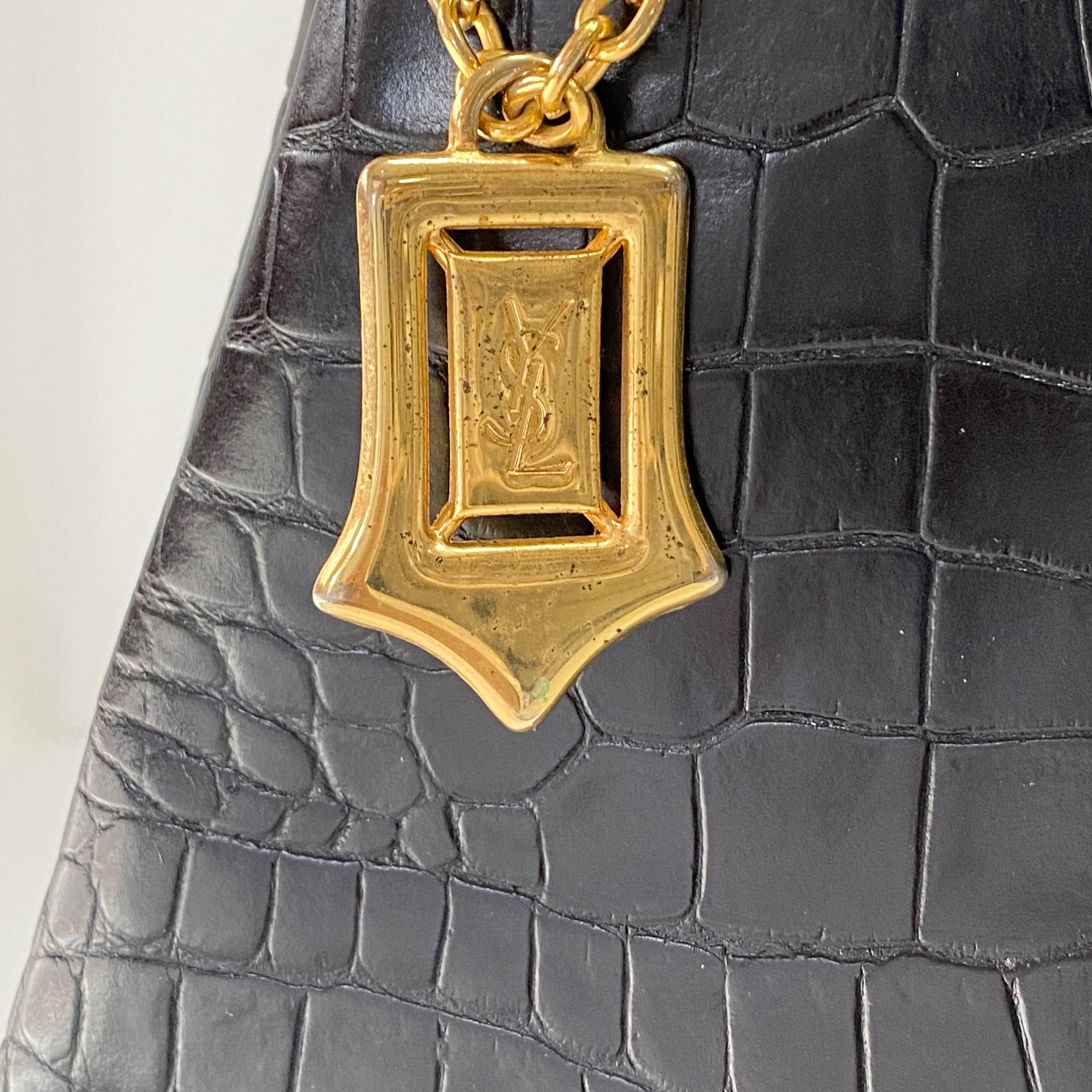 Black Croc Embossed Leather Shoulder Bag