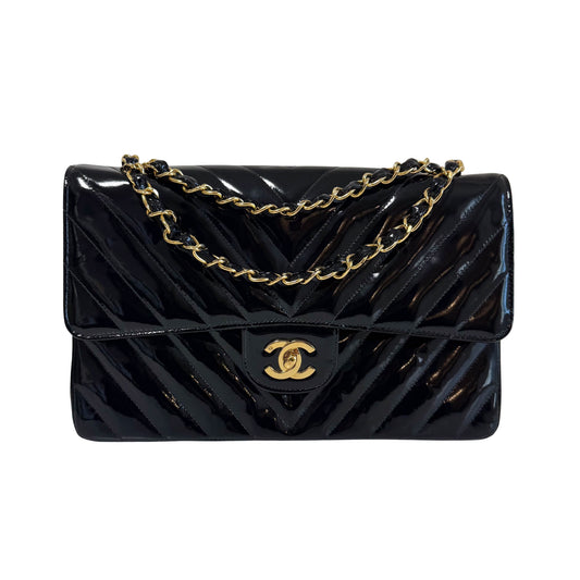 Chevron Vernish Leather Chain Strap Shoulder Bag
