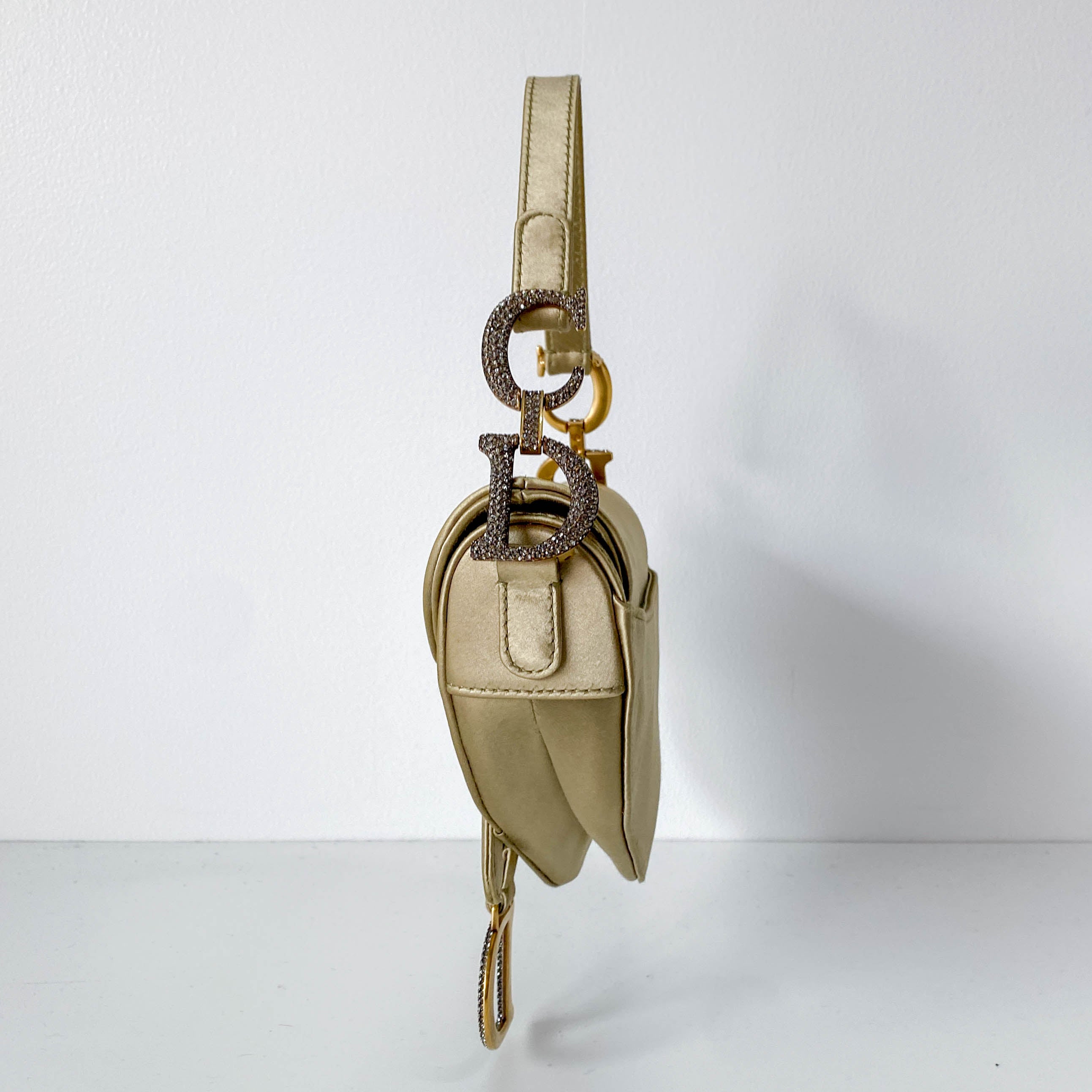 Mini Saddle Light Khaki Satin Shoulder Bag with Rhinestone Hardware