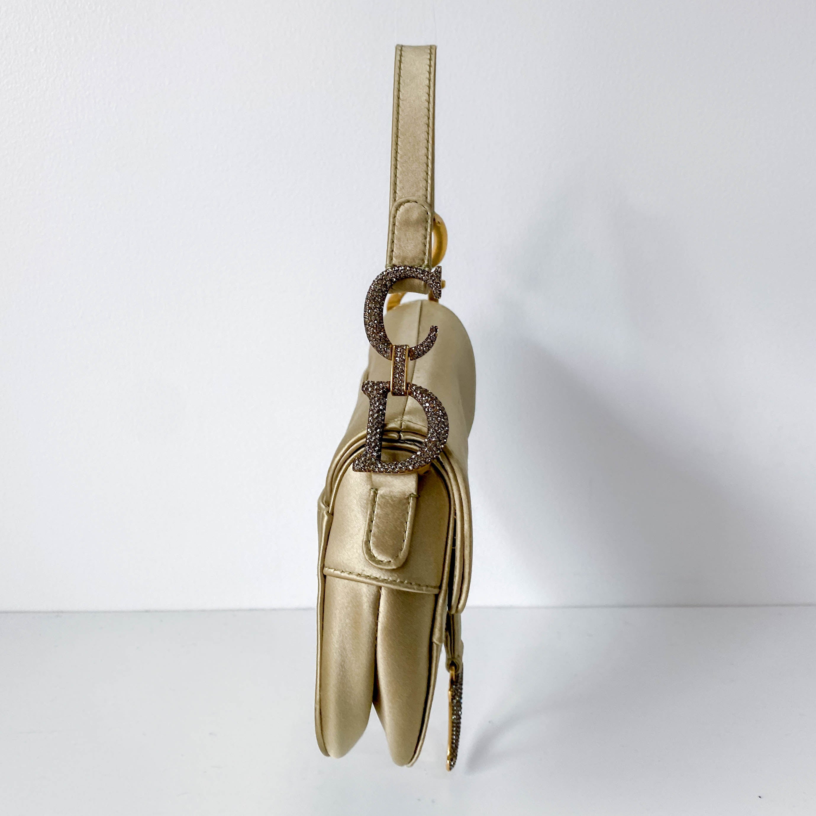 Mini Saddle Light Khaki Satin Shoulder Bag with Rhinestone Hardware