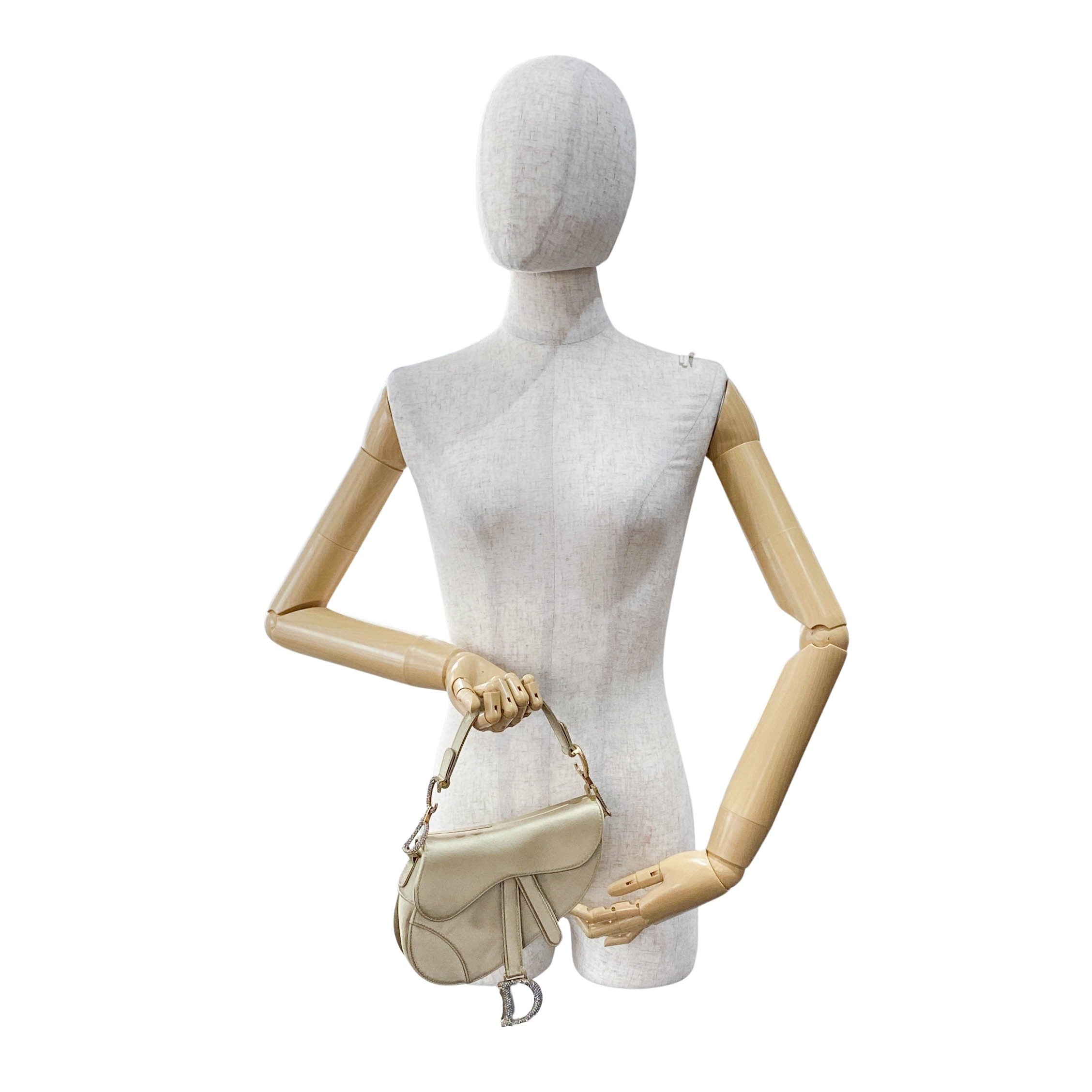 Mini Saddle Light Khaki Satin Shoulder Bag with Rhinestone Hardware