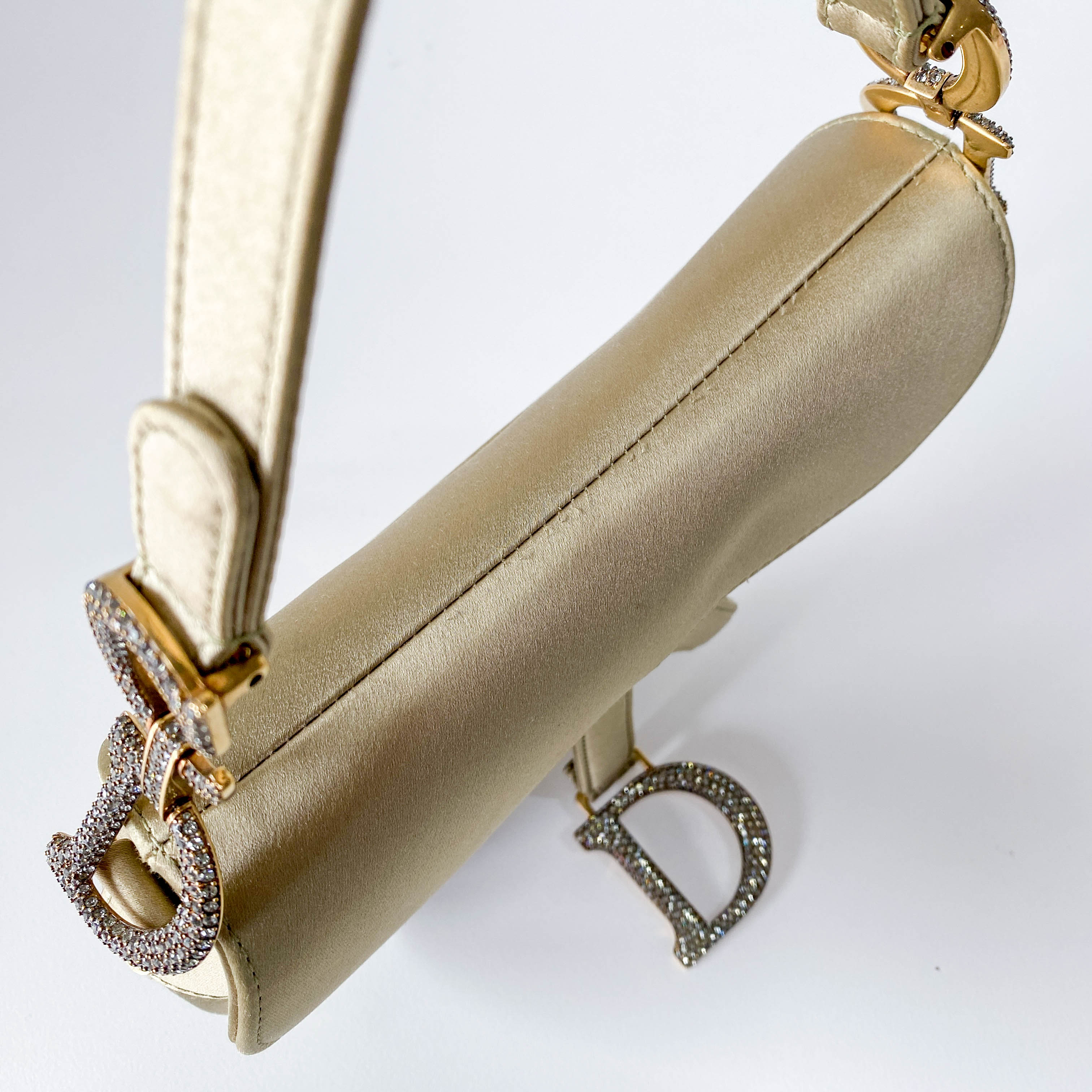 Mini Saddle Light Khaki Satin Shoulder Bag with Rhinestone Hardware