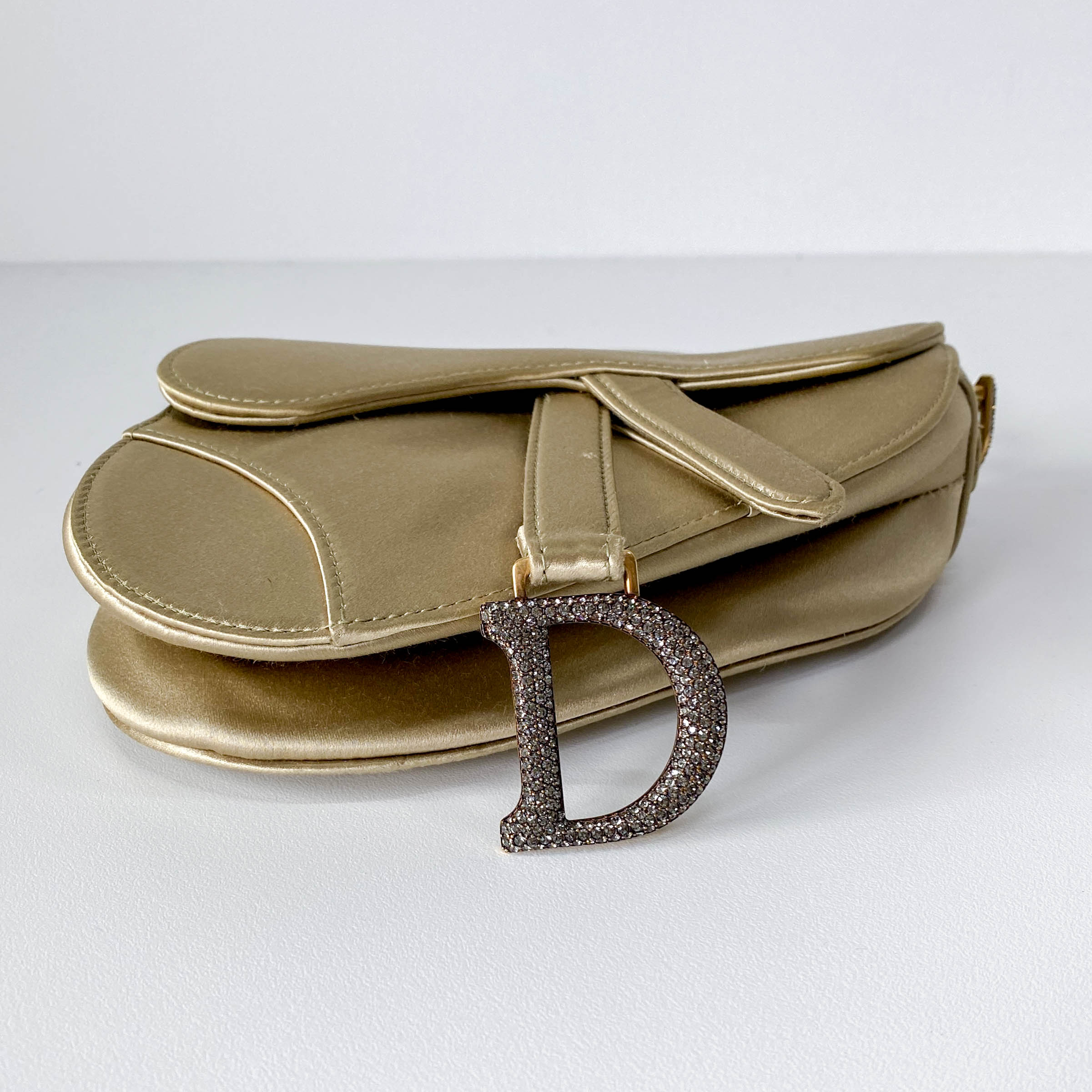 Mini Saddle Light Khaki Satin Shoulder Bag with Rhinestone Hardware