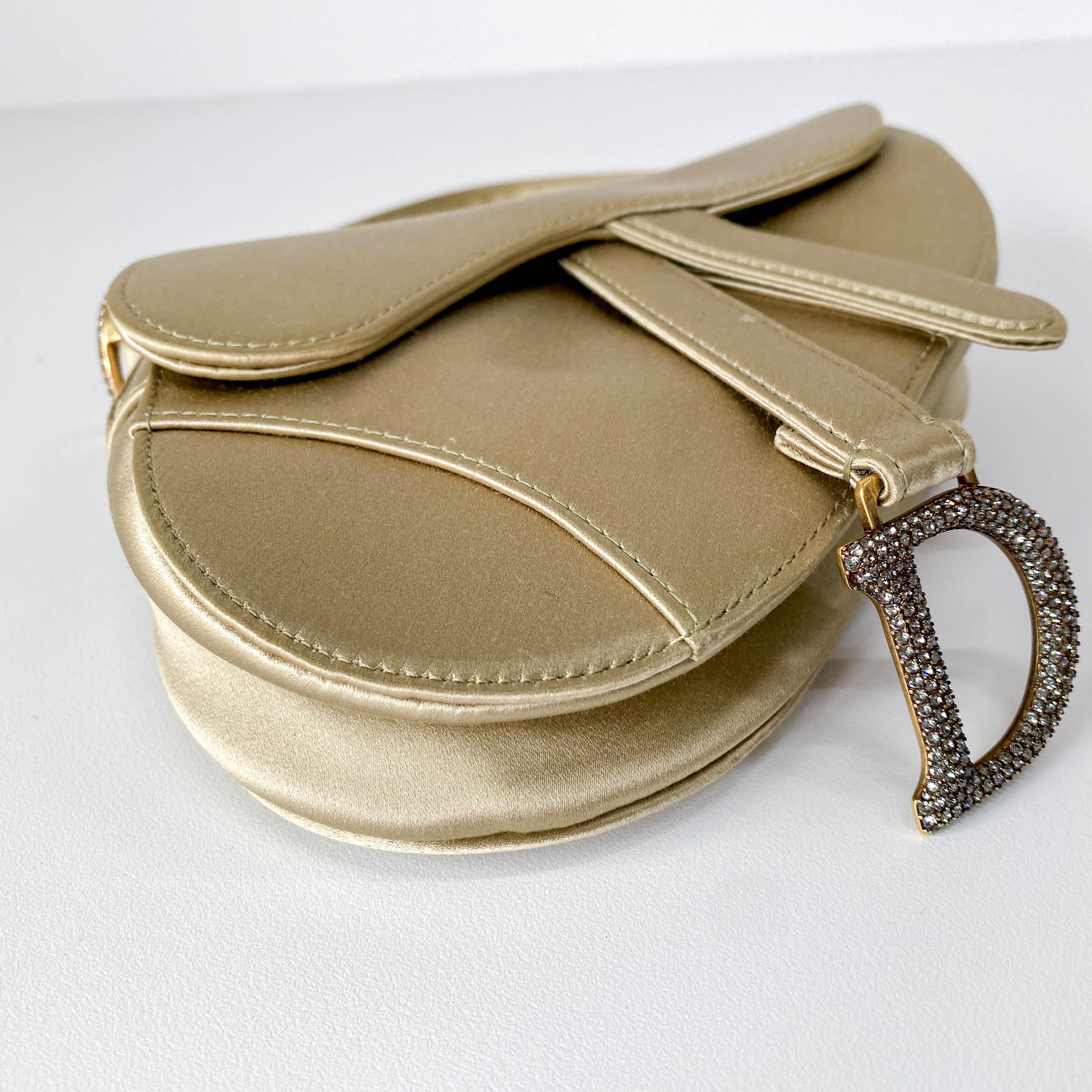 Mini Saddle Light Khaki Satin Shoulder Bag with Rhinestone Hardware