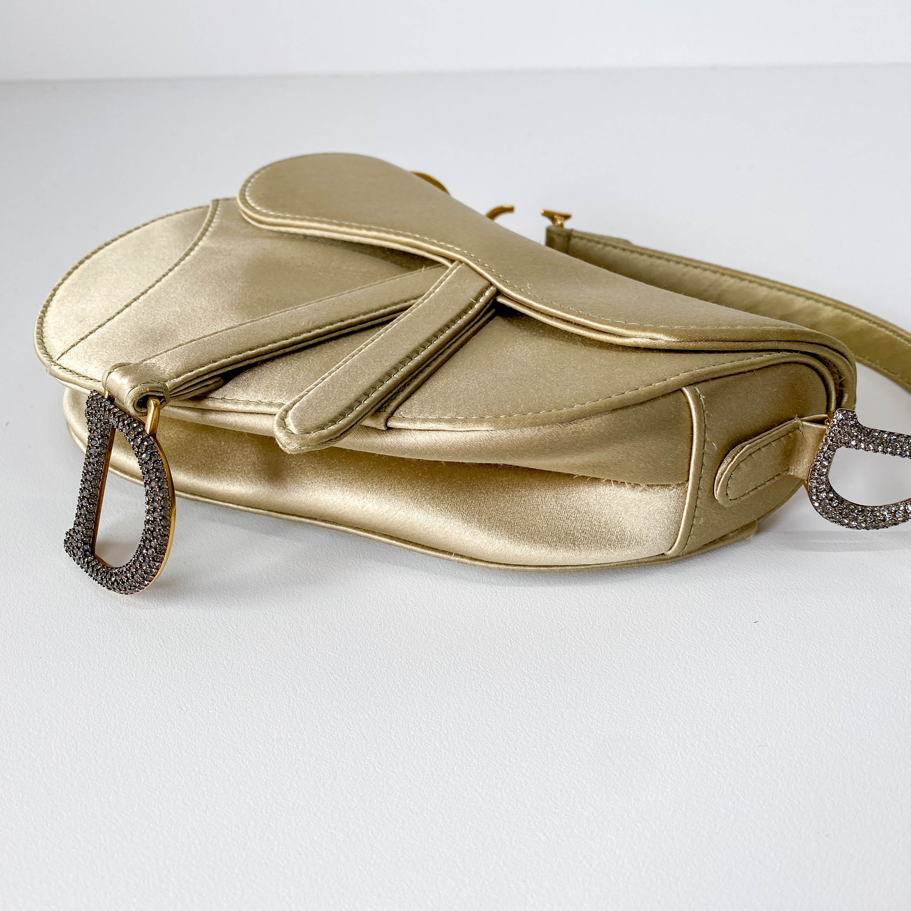 Mini Saddle Light Khaki Satin Shoulder Bag with Rhinestone Hardware