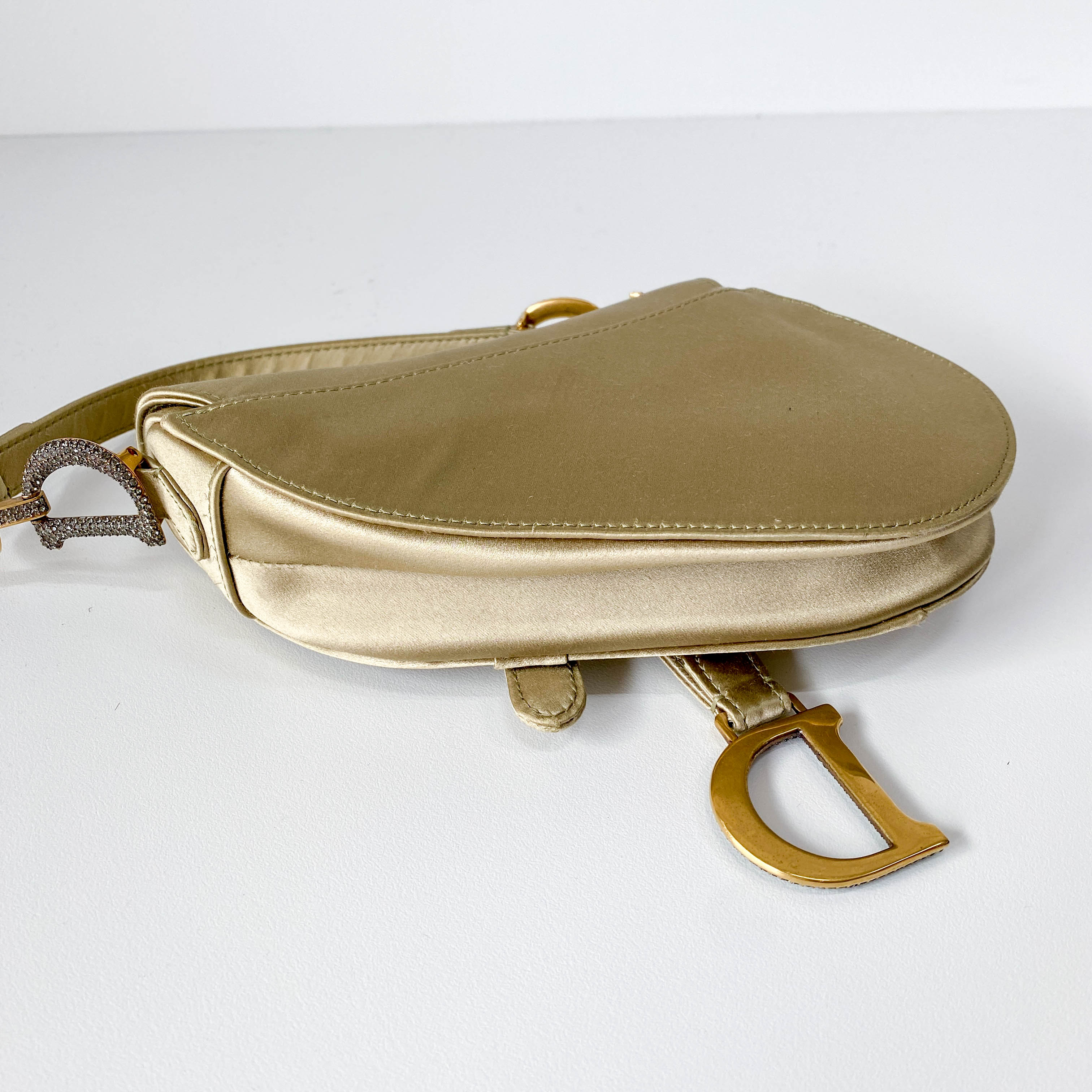 Mini Saddle Light Khaki Satin Shoulder Bag with Rhinestone Hardware