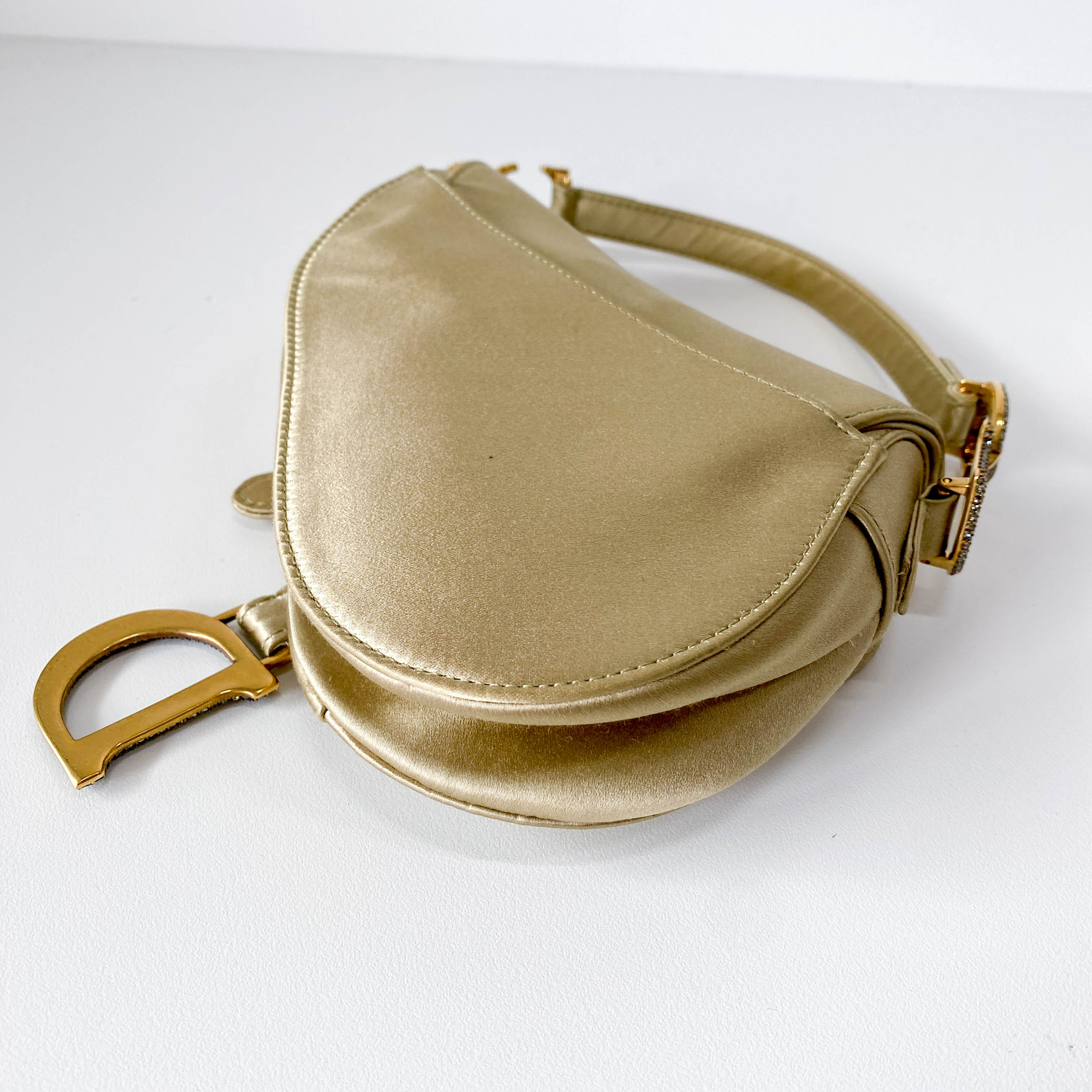 Mini Saddle Light Khaki Satin Shoulder Bag with Rhinestone Hardware