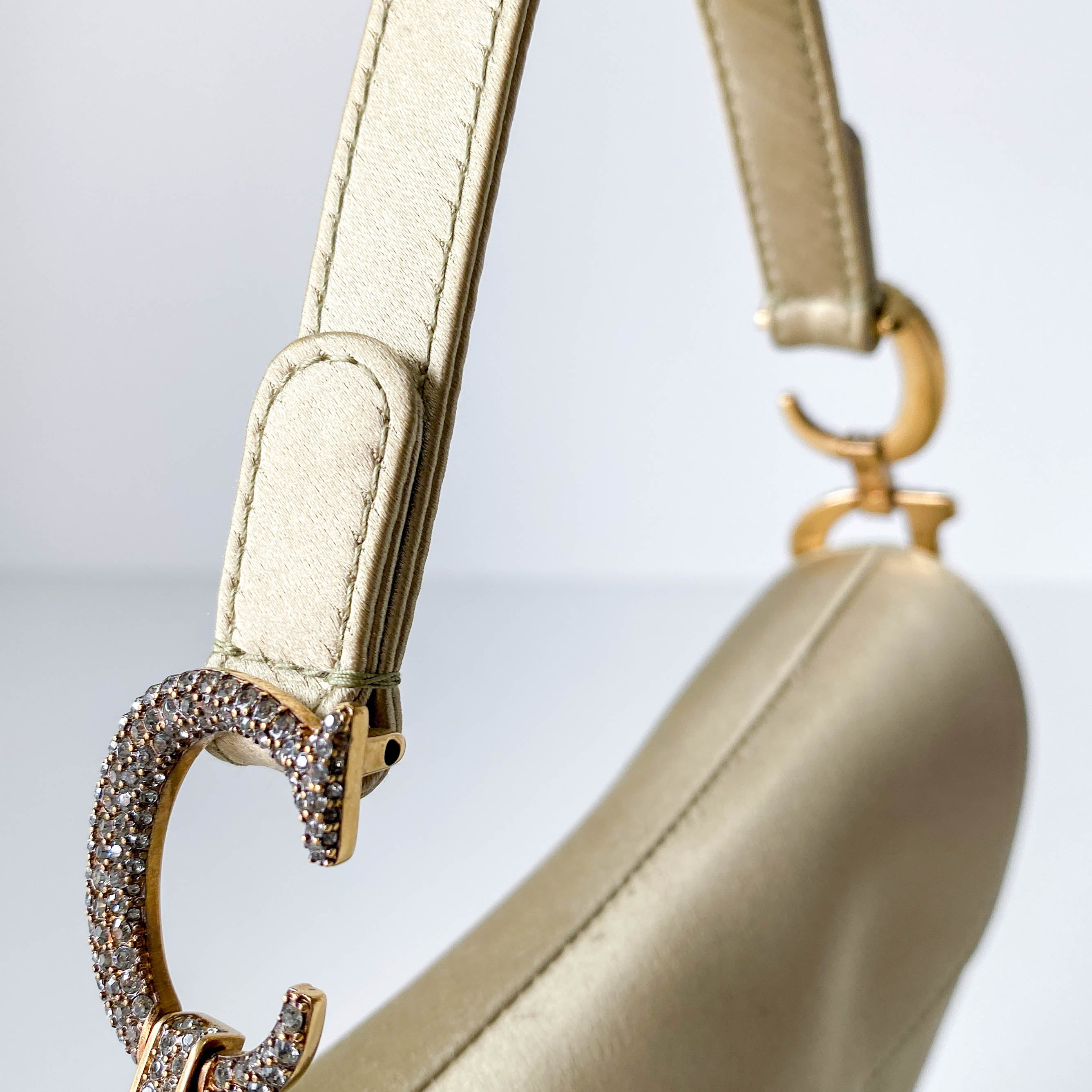Mini Saddle Light Khaki Satin Shoulder Bag with Rhinestone Hardware
