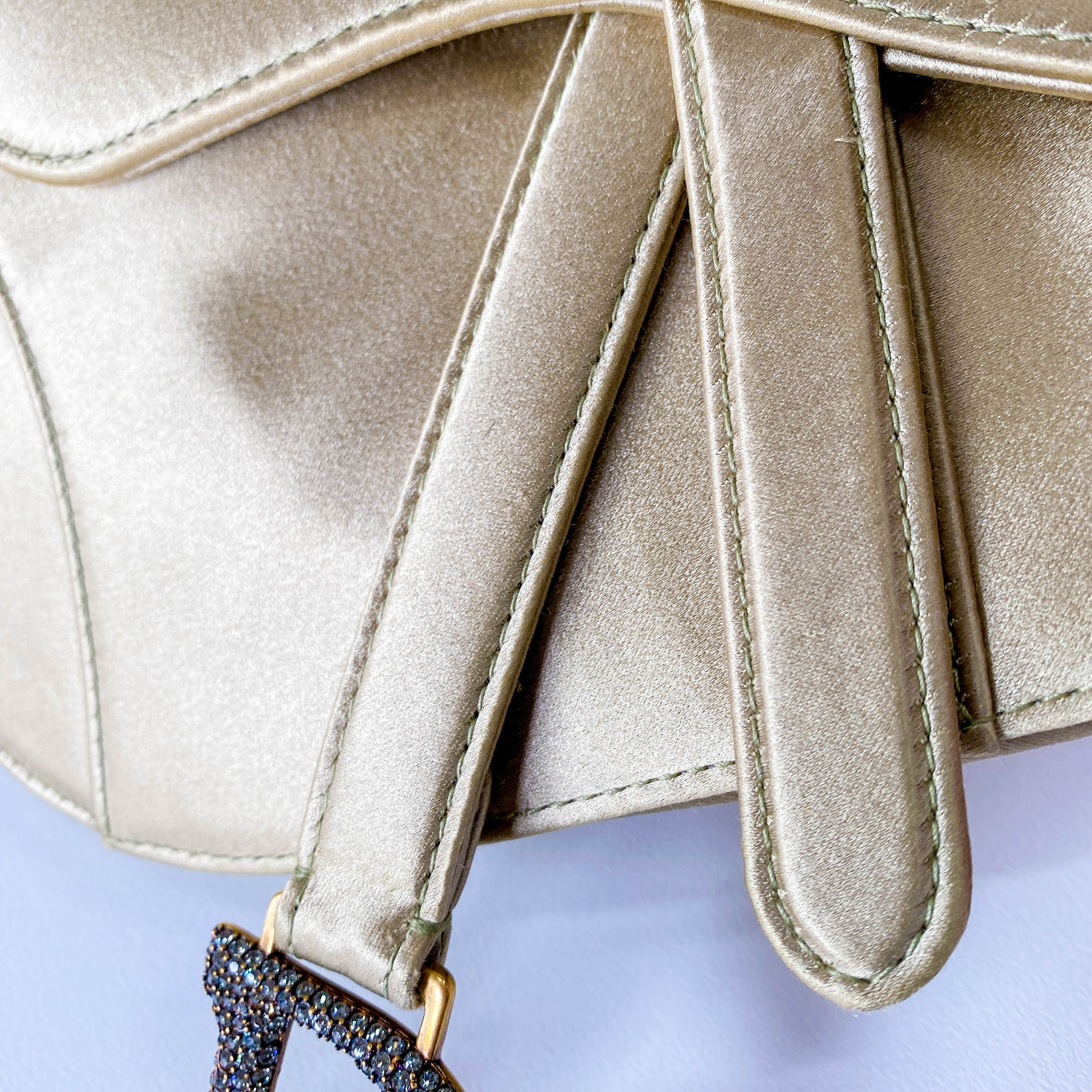 Mini Saddle Light Khaki Satin Shoulder Bag with Rhinestone Hardware