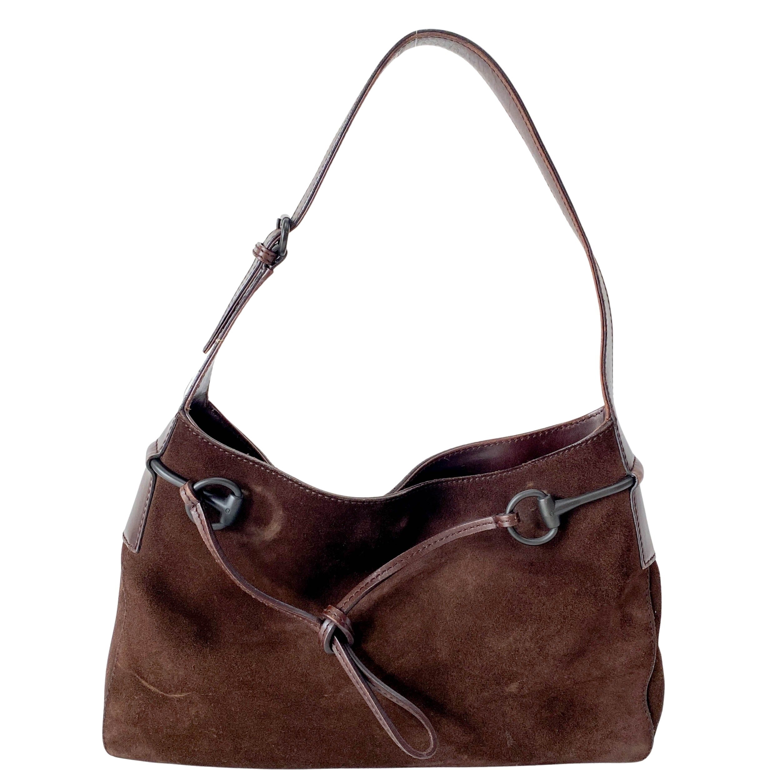 Horsebit Brown Suede Hobo Shoulder Bag