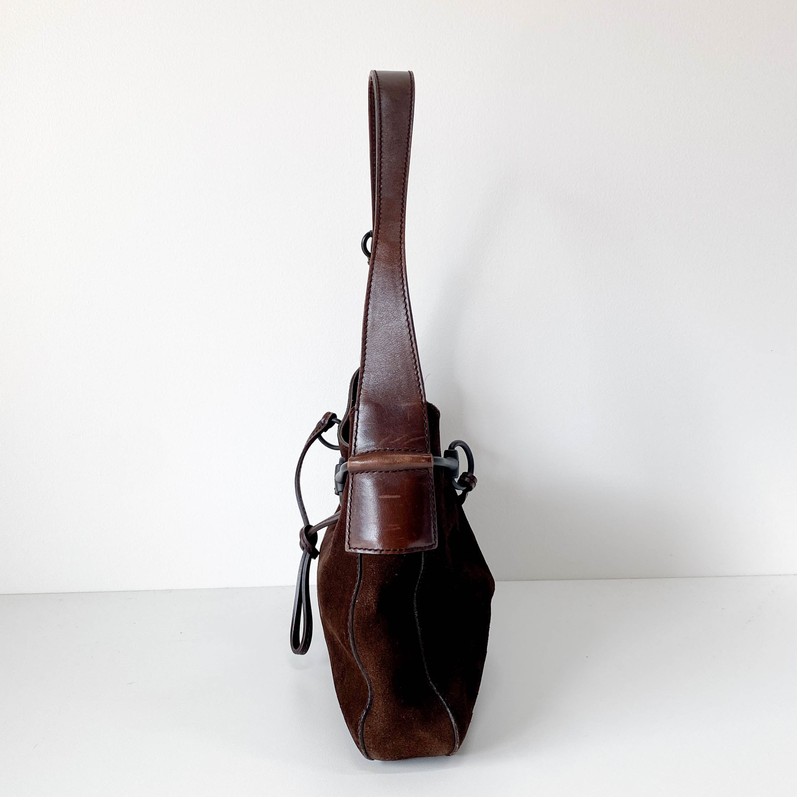 Horsebit Brown Suede Hobo Shoulder Bag