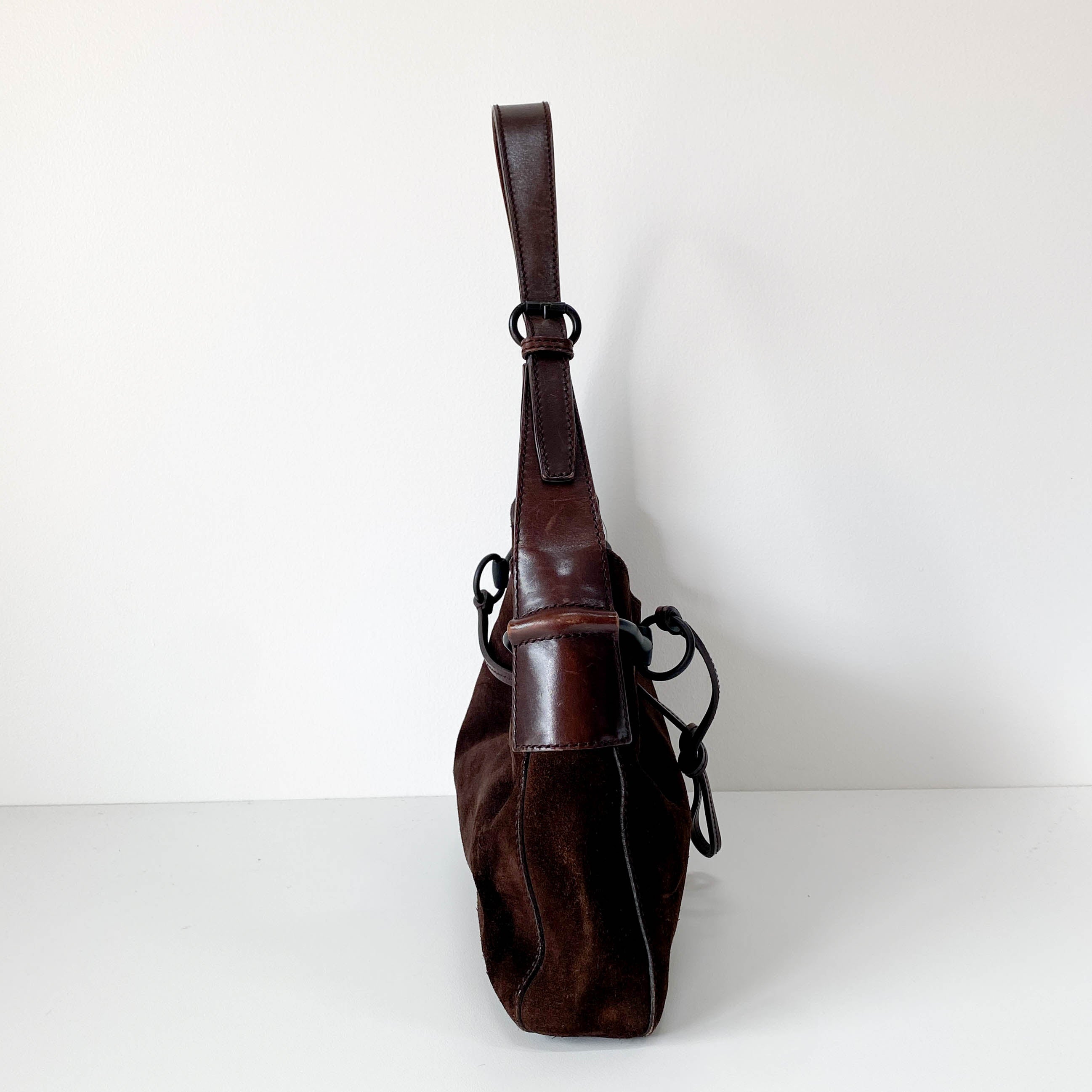 Horsebit Brown Suede Hobo Shoulder Bag