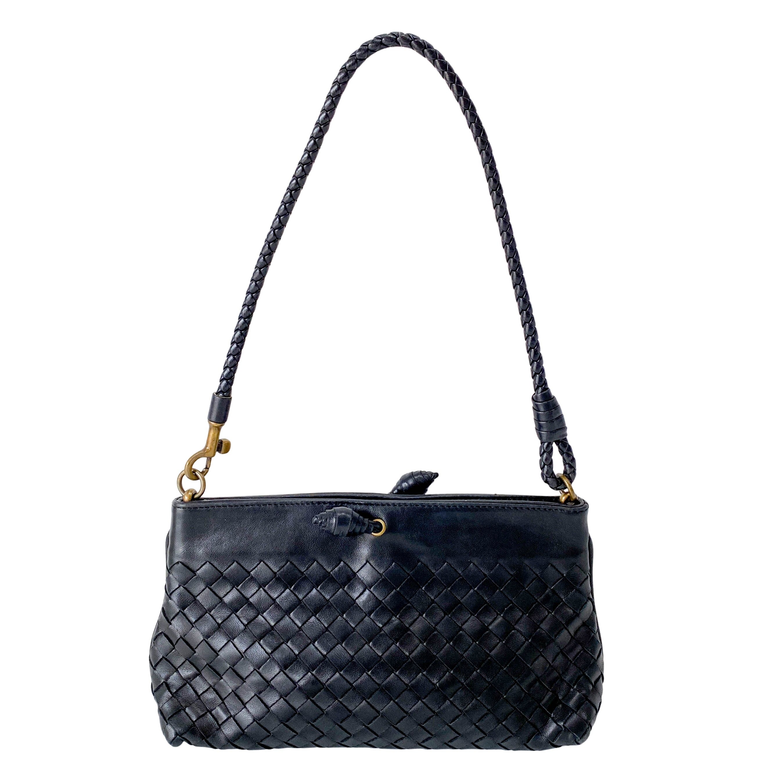Intrecciato Black Leather Shoulder Bag