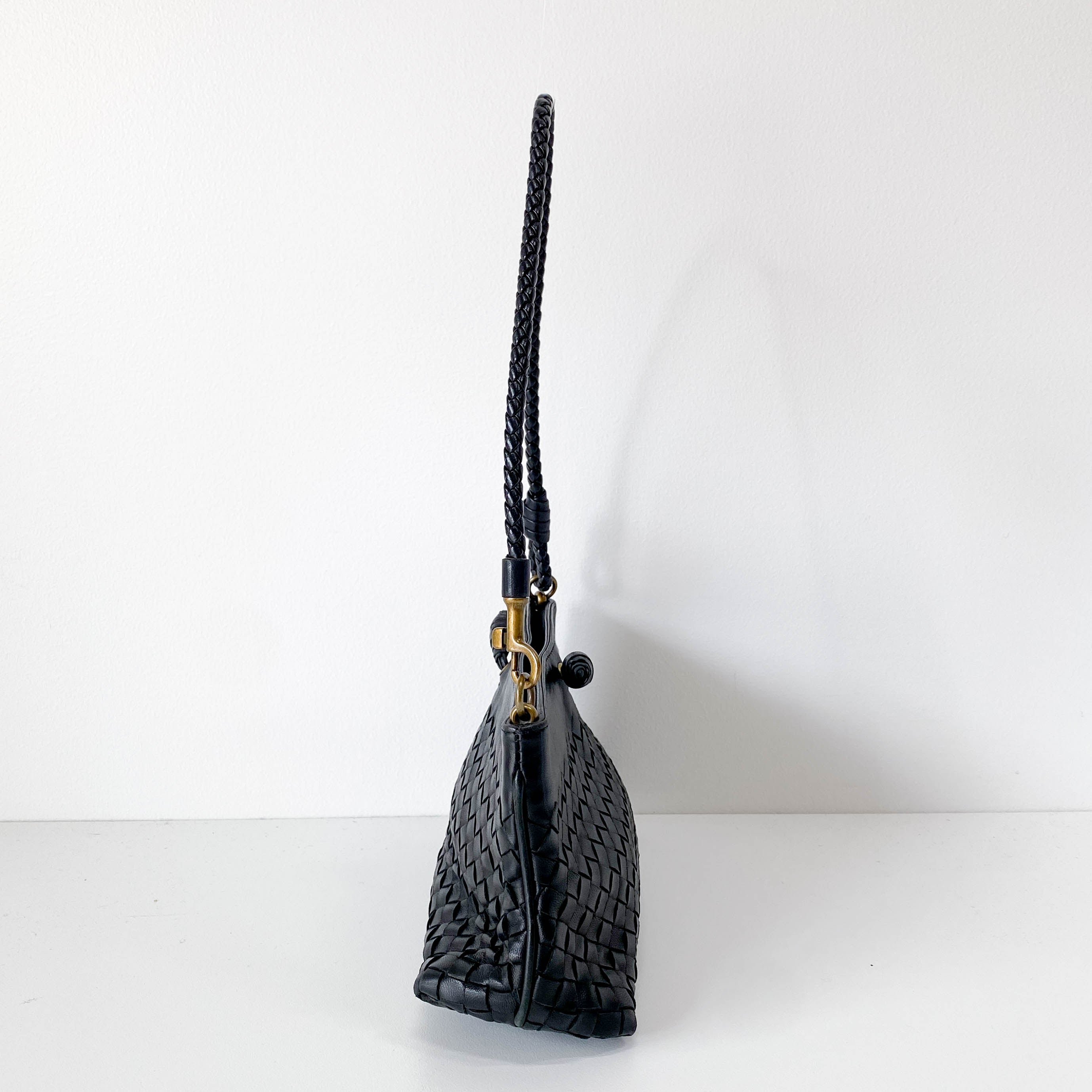 Intrecciato Black Leather Shoulder Bag