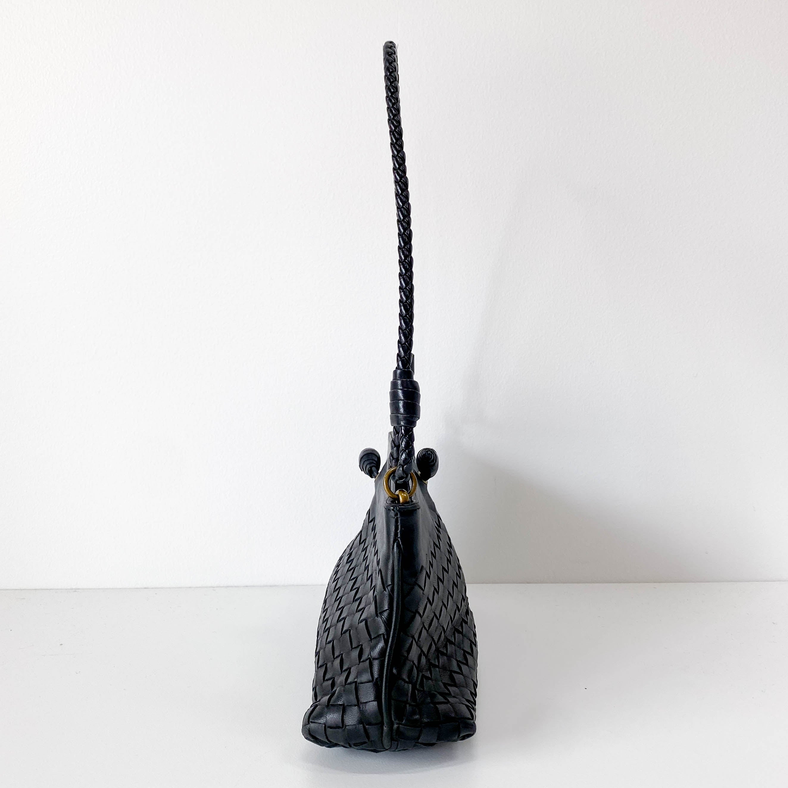 Intrecciato Black Leather Shoulder Bag