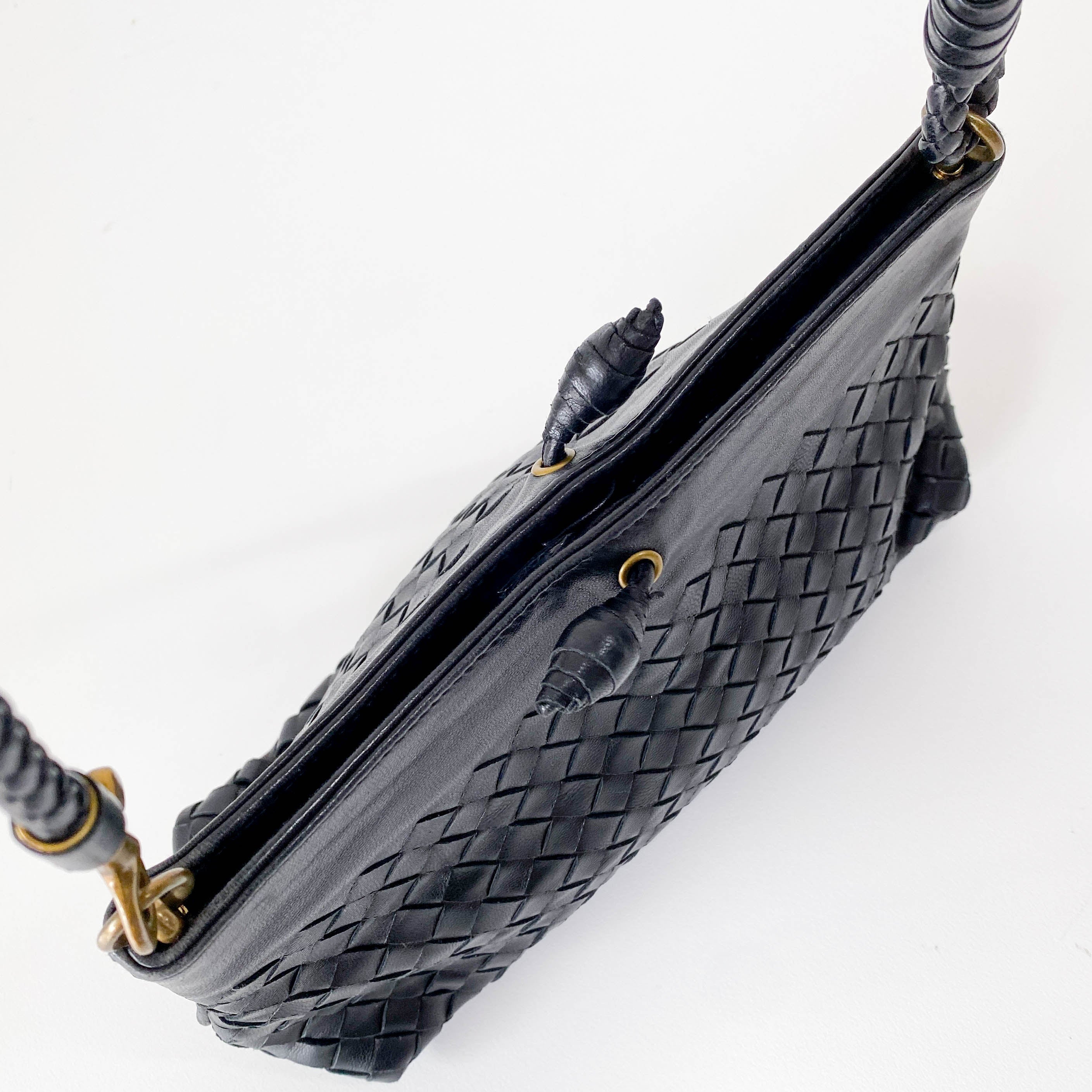 Intrecciato Black Leather Shoulder Bag