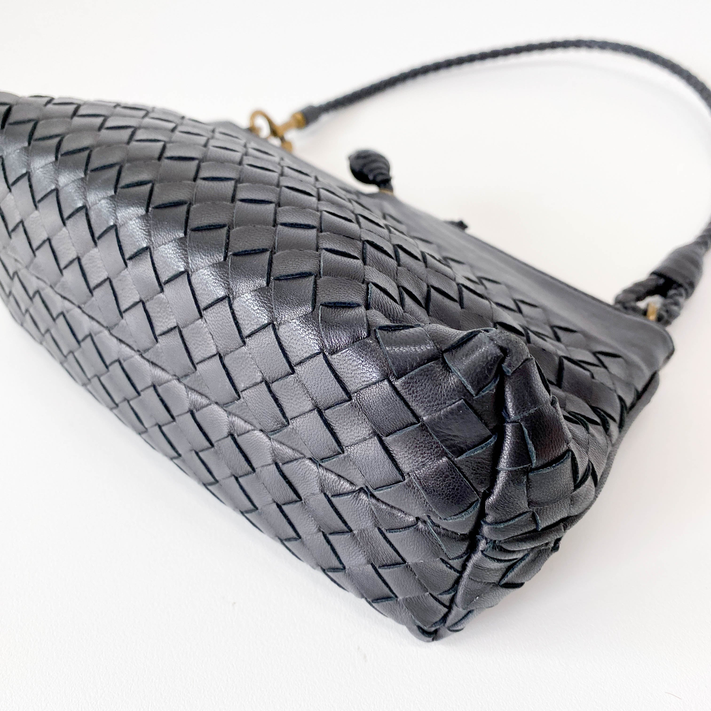 Intrecciato Black Leather Shoulder Bag