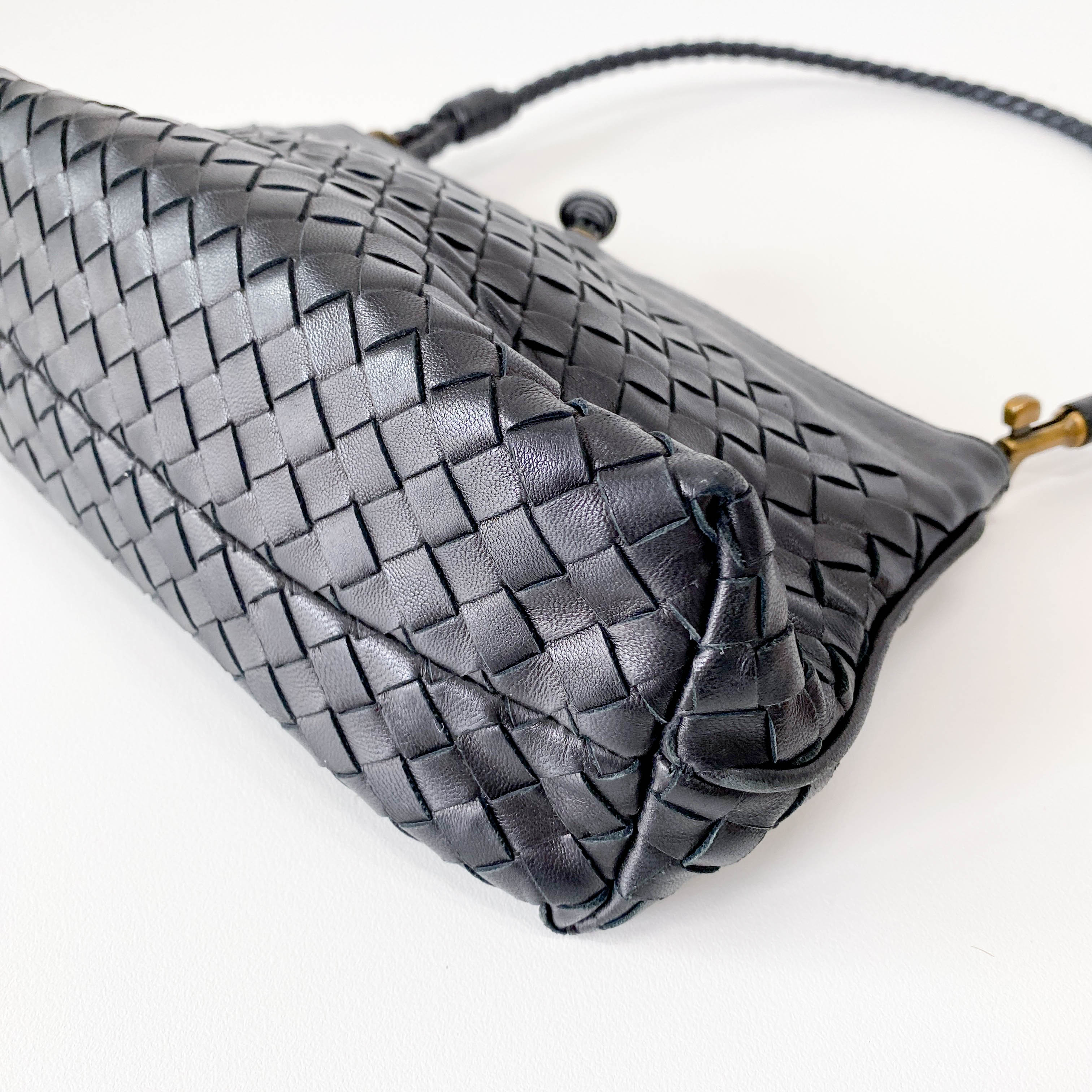 Intrecciato Black Leather Shoulder Bag