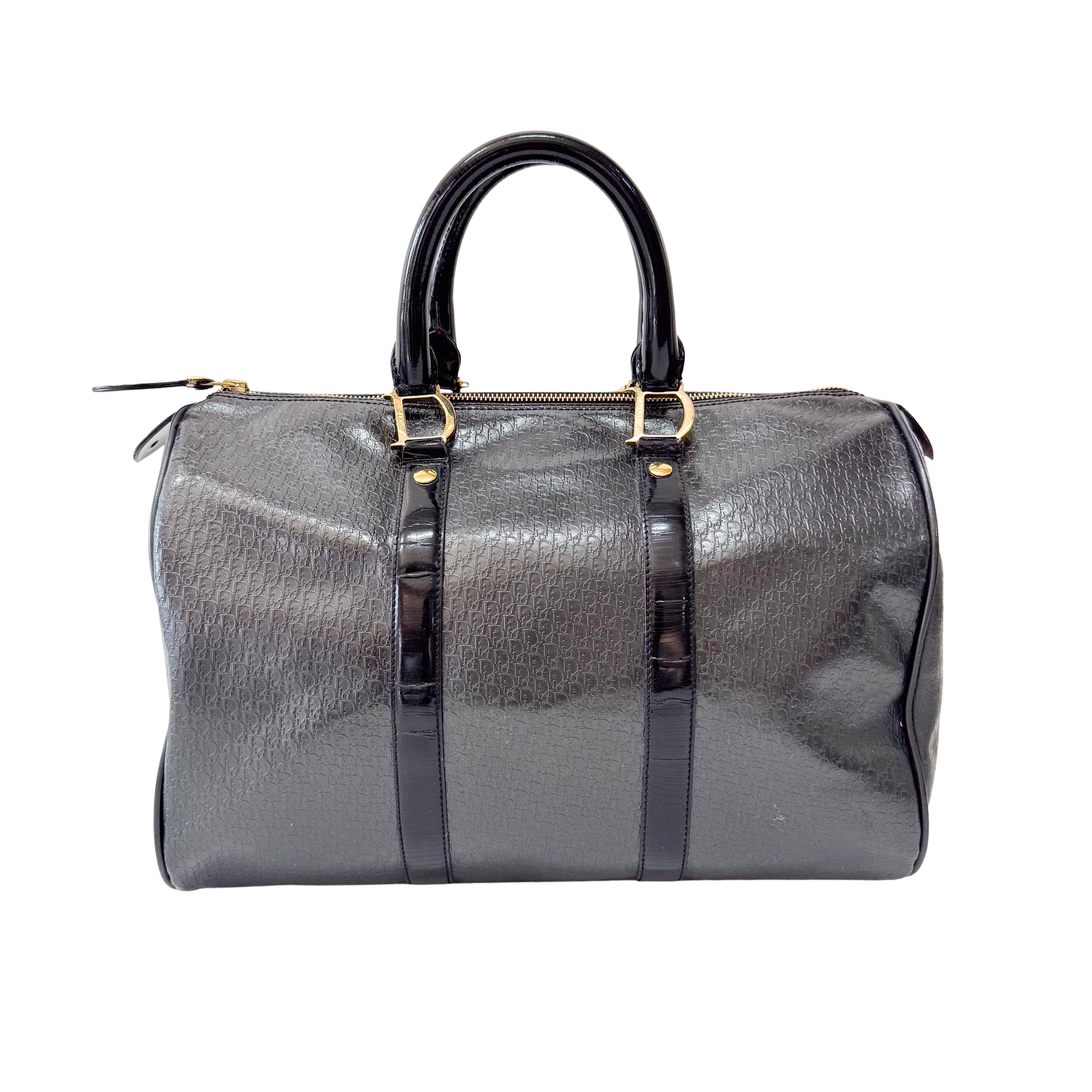 Embossed Trotter Black Leather Boston Bowling Bag