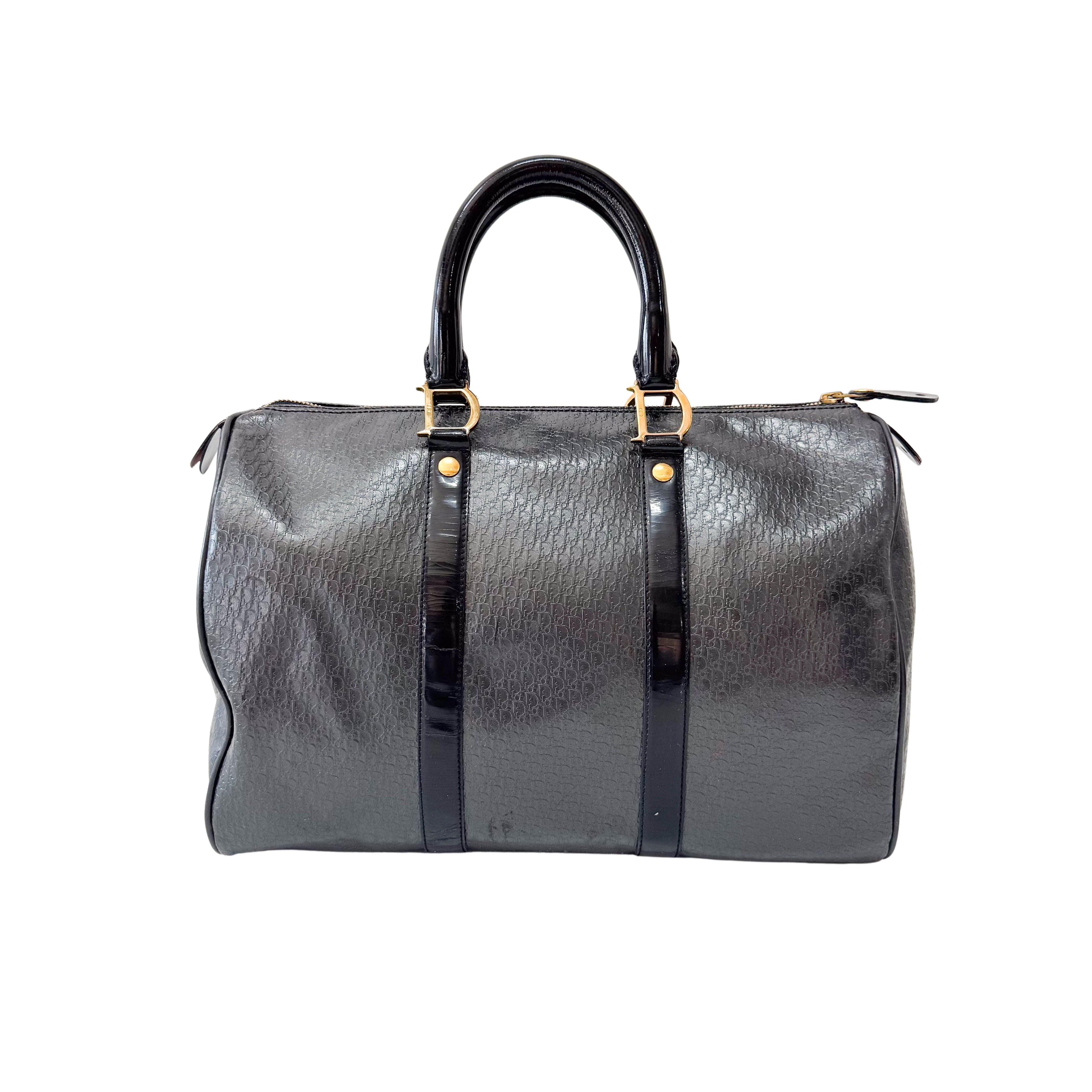 Embossed Trotter Black Leather Boston Bowling Bag
